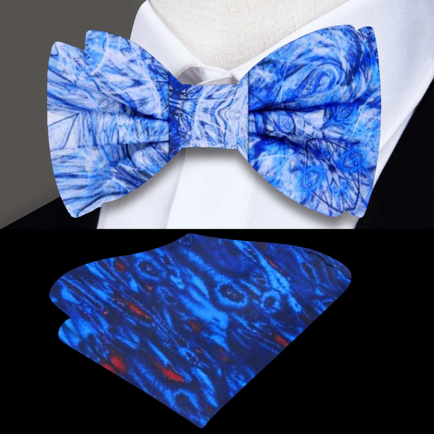 White, Blue Abstract Bow Tie and Accenting Pocket Square||White, Blue