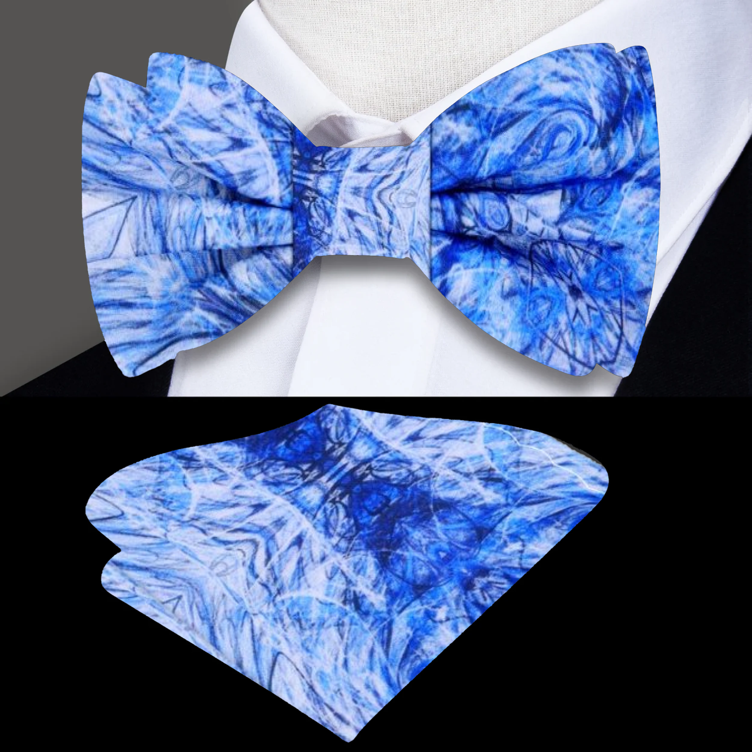 White, Blue Abstract Bow Tie and Pocket Square||White, Blue