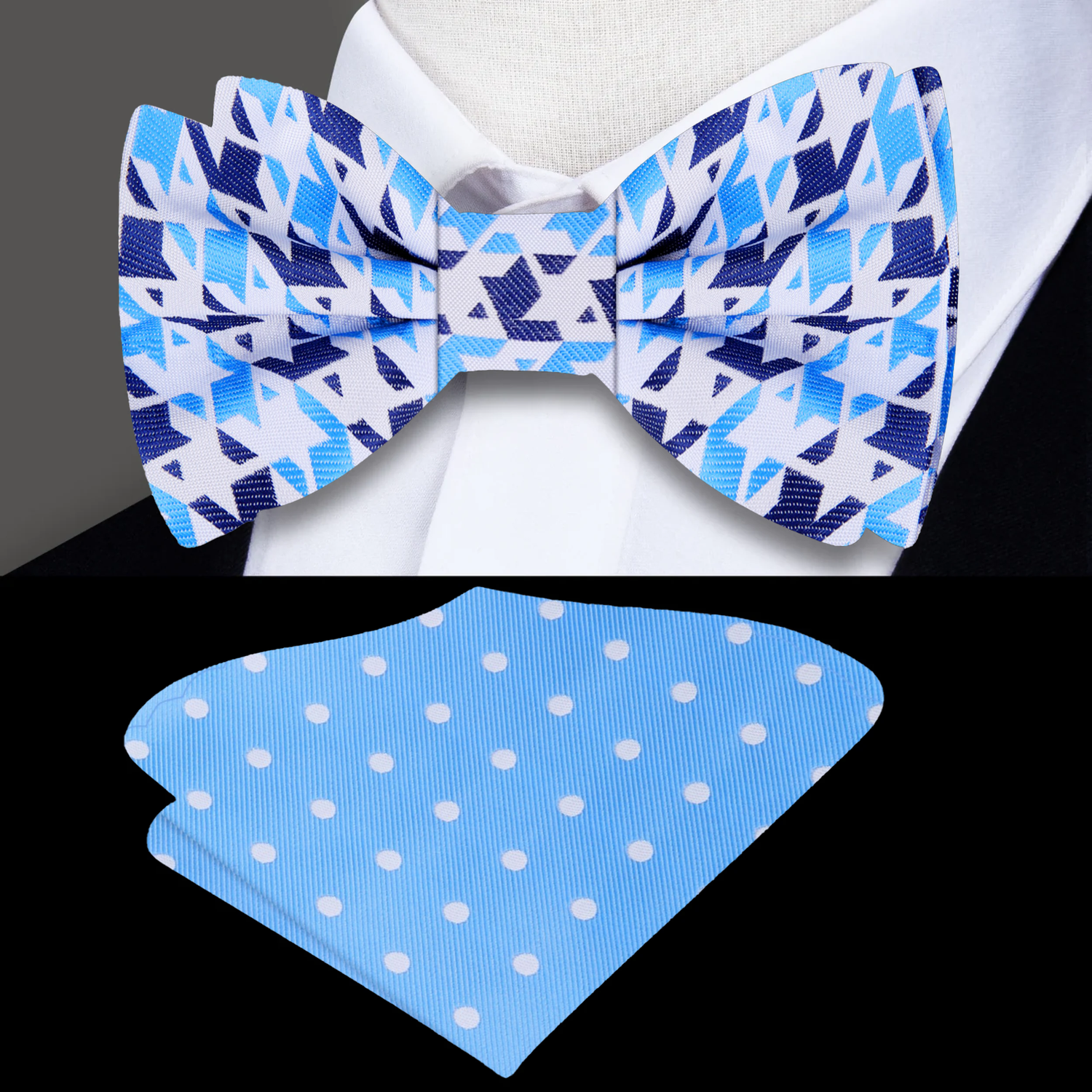 White Blue Abstract Hounds Tooth Sonic Bow Tie and Accenting Polka Square