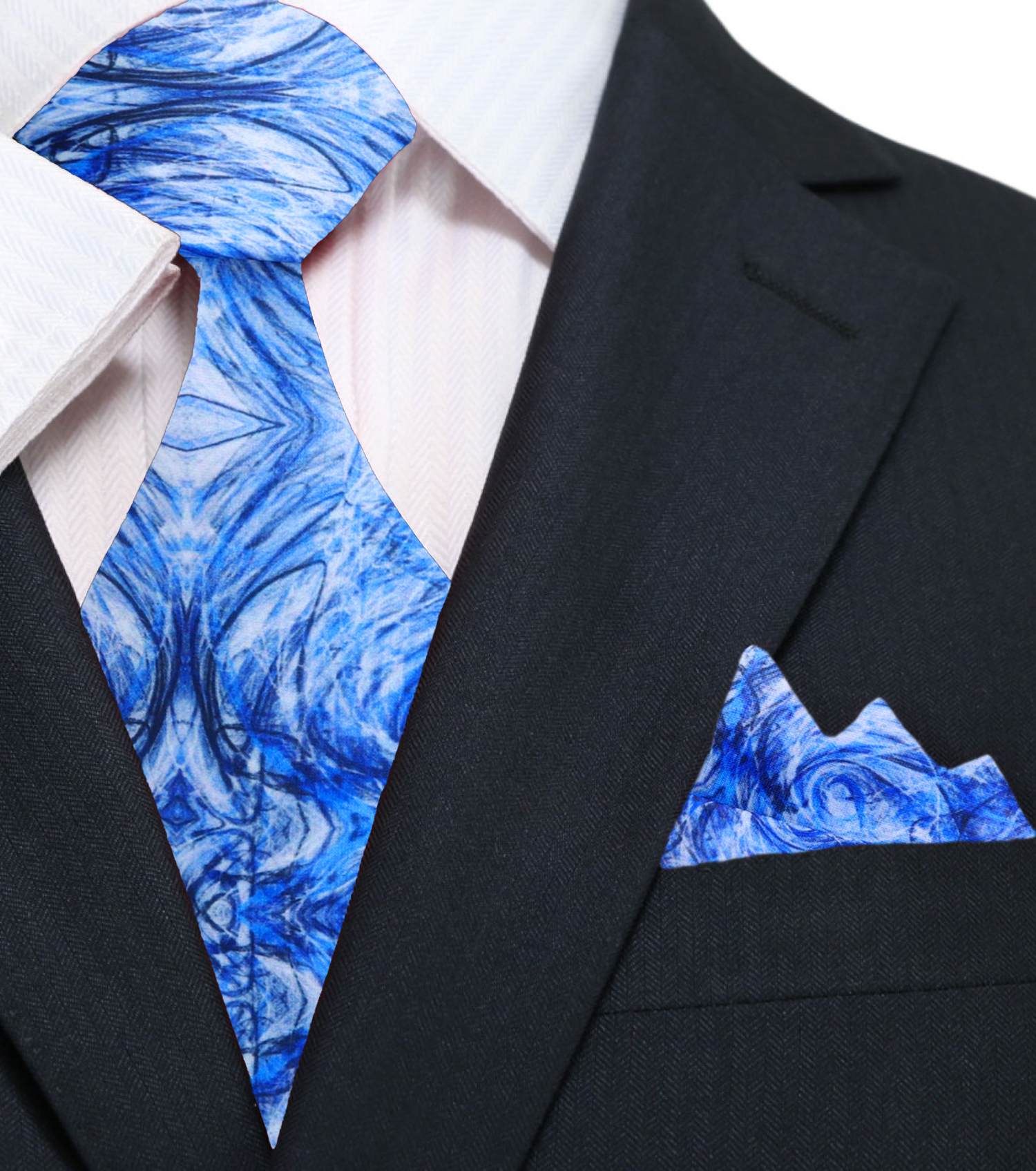 White Blue Abstract Tie and Pocket Square||White, Blue
