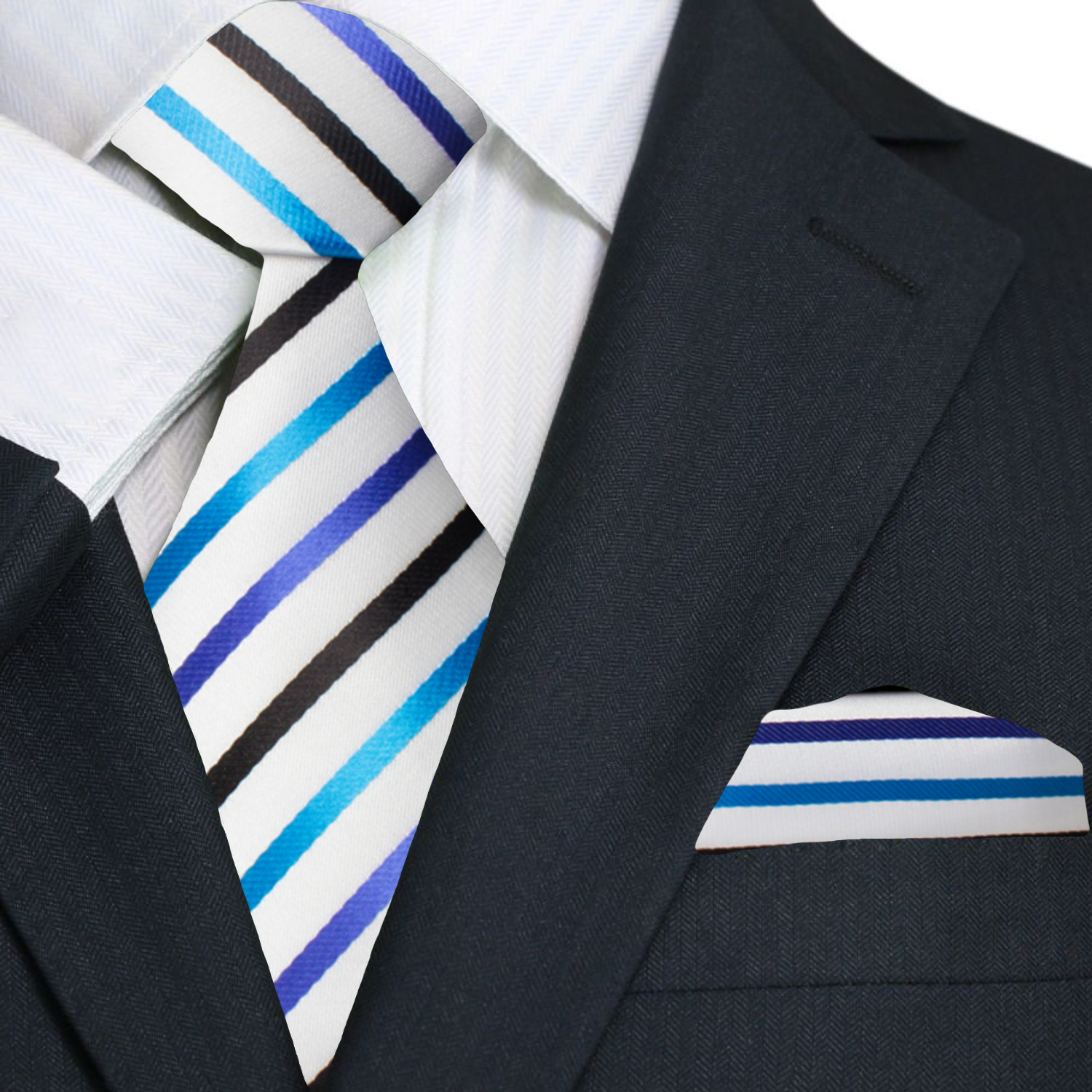 A White, Blue, Black Stripe Pattern Necktie, Matching Pocket Square