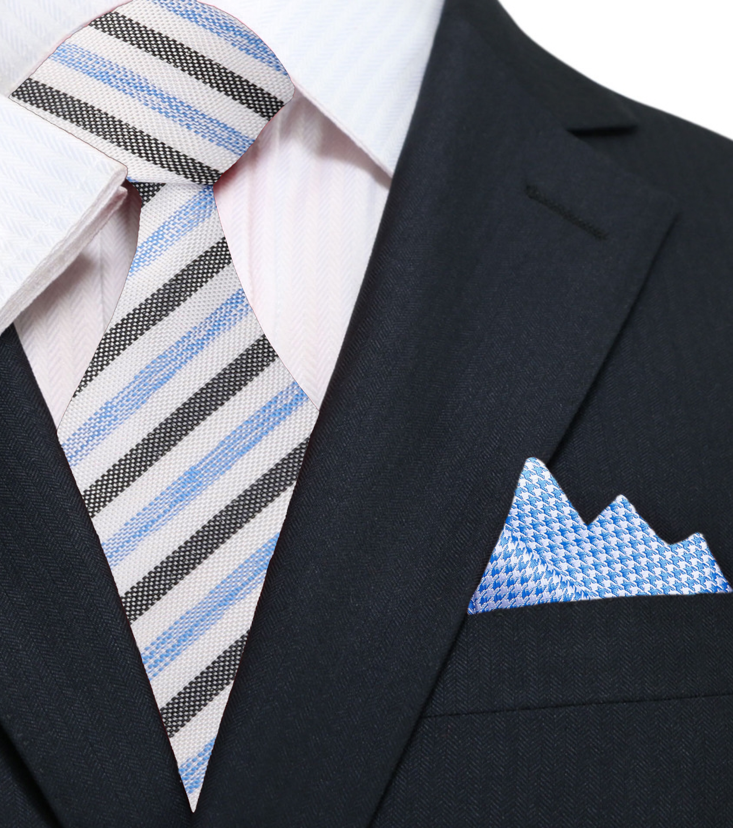 White, Blue, Black Stripe Necktie and Accenting Square