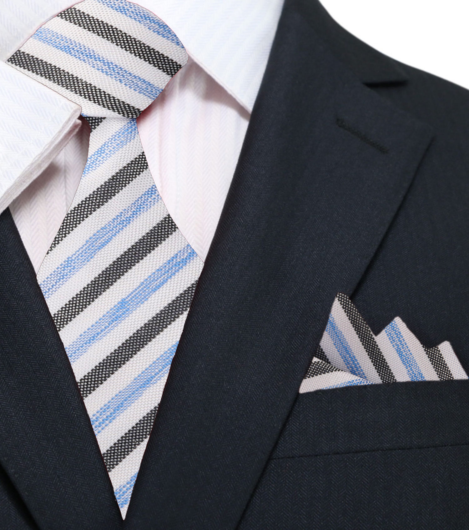 White, Blue, Black Stripe Necktie and  Square