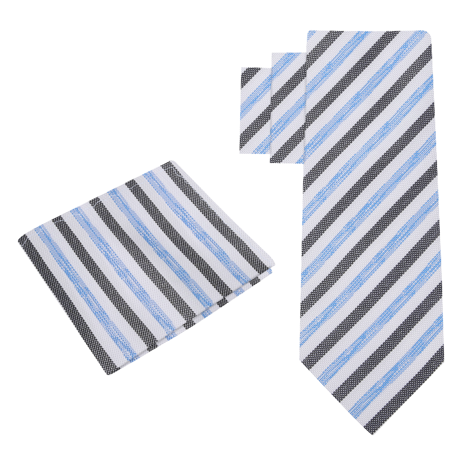 View 2: White, Blue, Black Stripe Necktie and Square