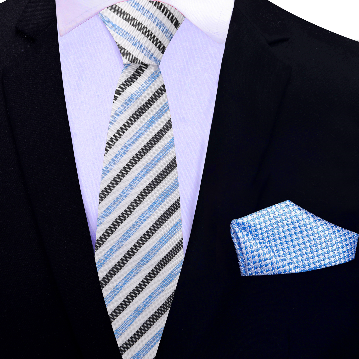 White, Blue, Black Stripe Thin Necktie and Accenting Square