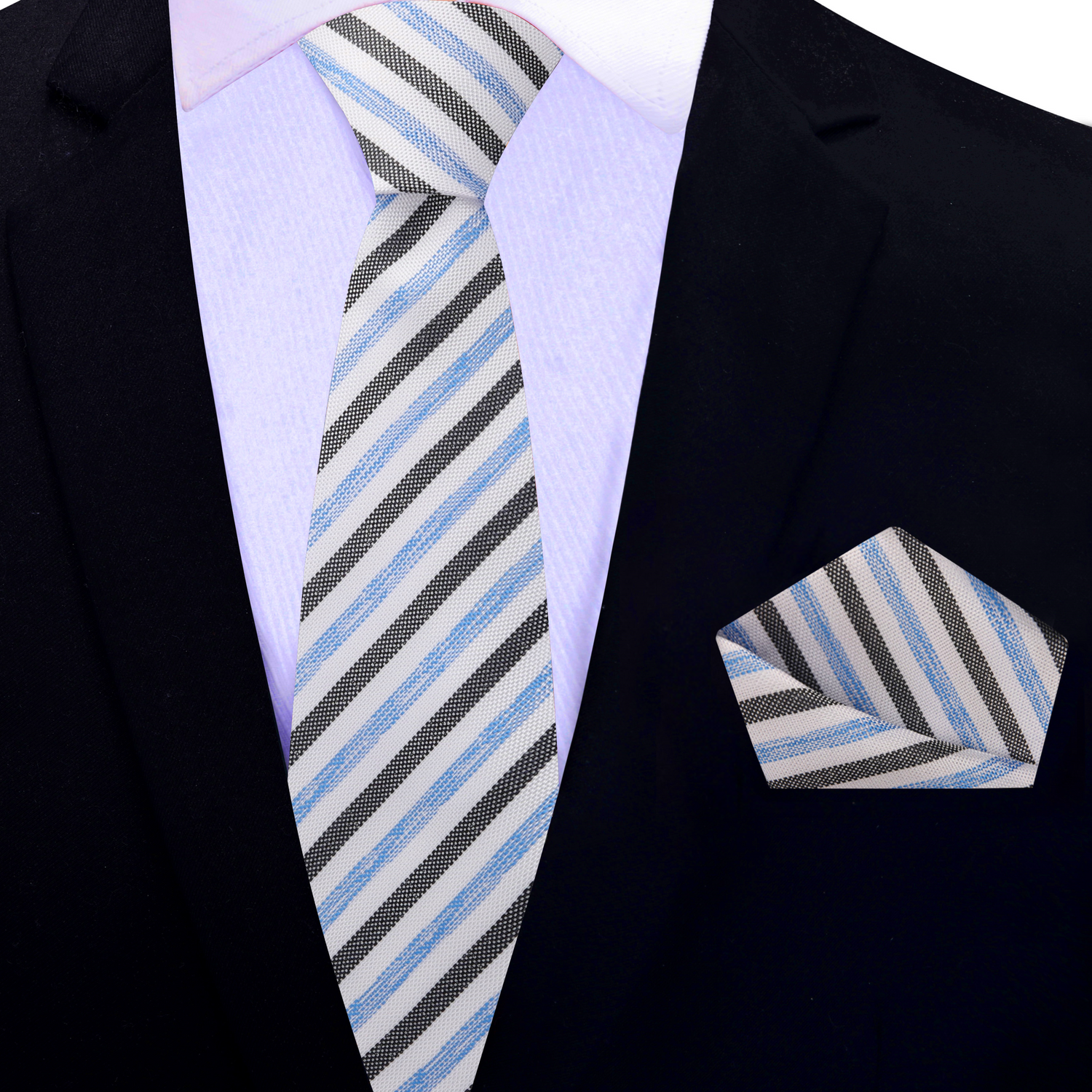 White, Blue, Black Stripe Thin Necktie and Square