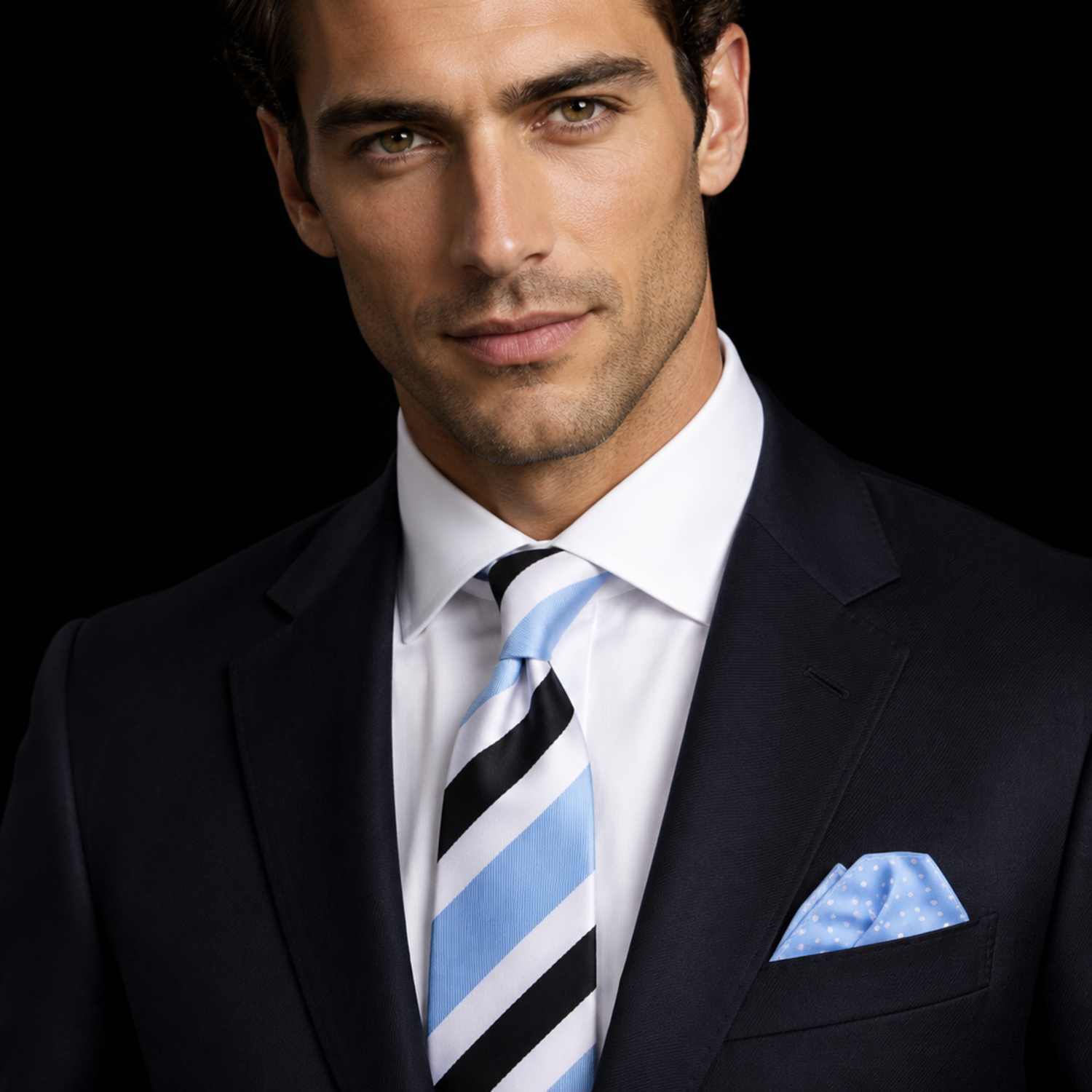 A man wearing a dark navy suit jacket, white dress shirt, a light blue and black striped tie, and a matching light blue pocket square, set against a solid black background.