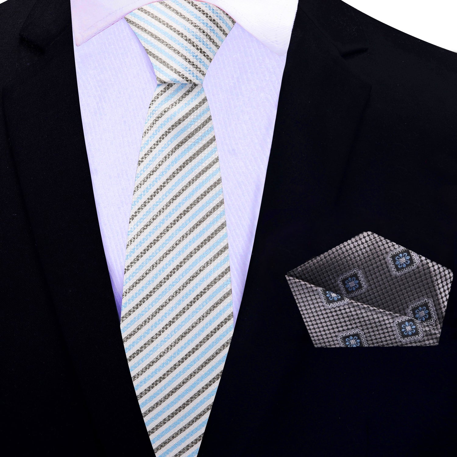 Thin Tie: White, Light Blue, Charcoal Stripe Necktie & Grey, Blue and Black Geometric Square