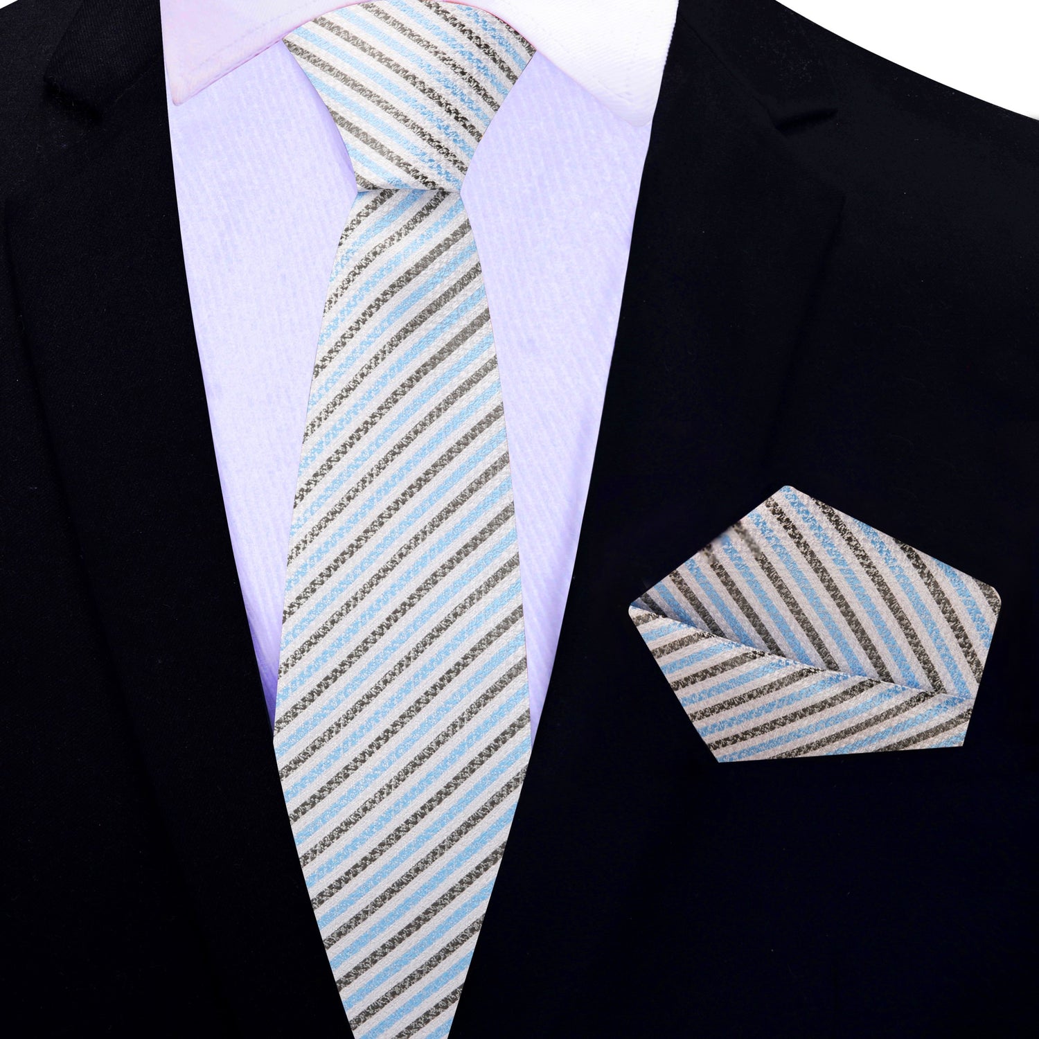 Thin Tie: White, Light Blue, Charcoal Stripe Necktie & Matching Square
