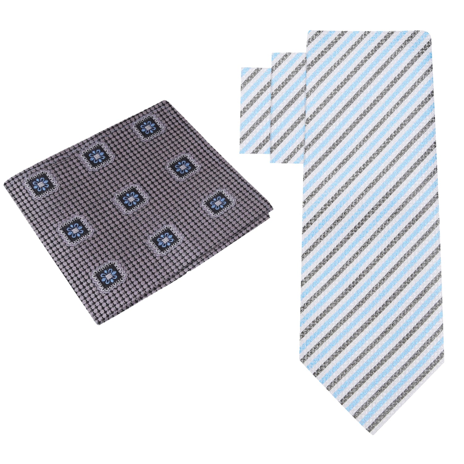 Alt View: White, Light Blue, Charcoal Stripe Necktie & Grey, Blue and Black Geometric Square