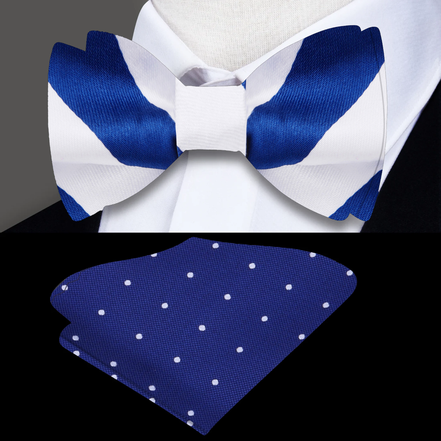 White and Blue Stripe Bow Tie and Accenting Blue White Polka Square