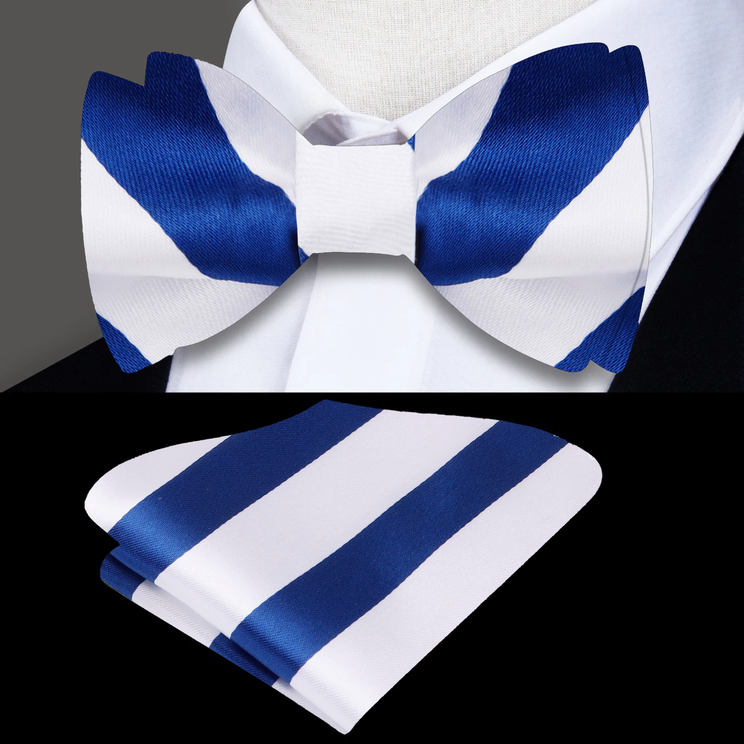 White and Blue Stripe Bow Tie and Square