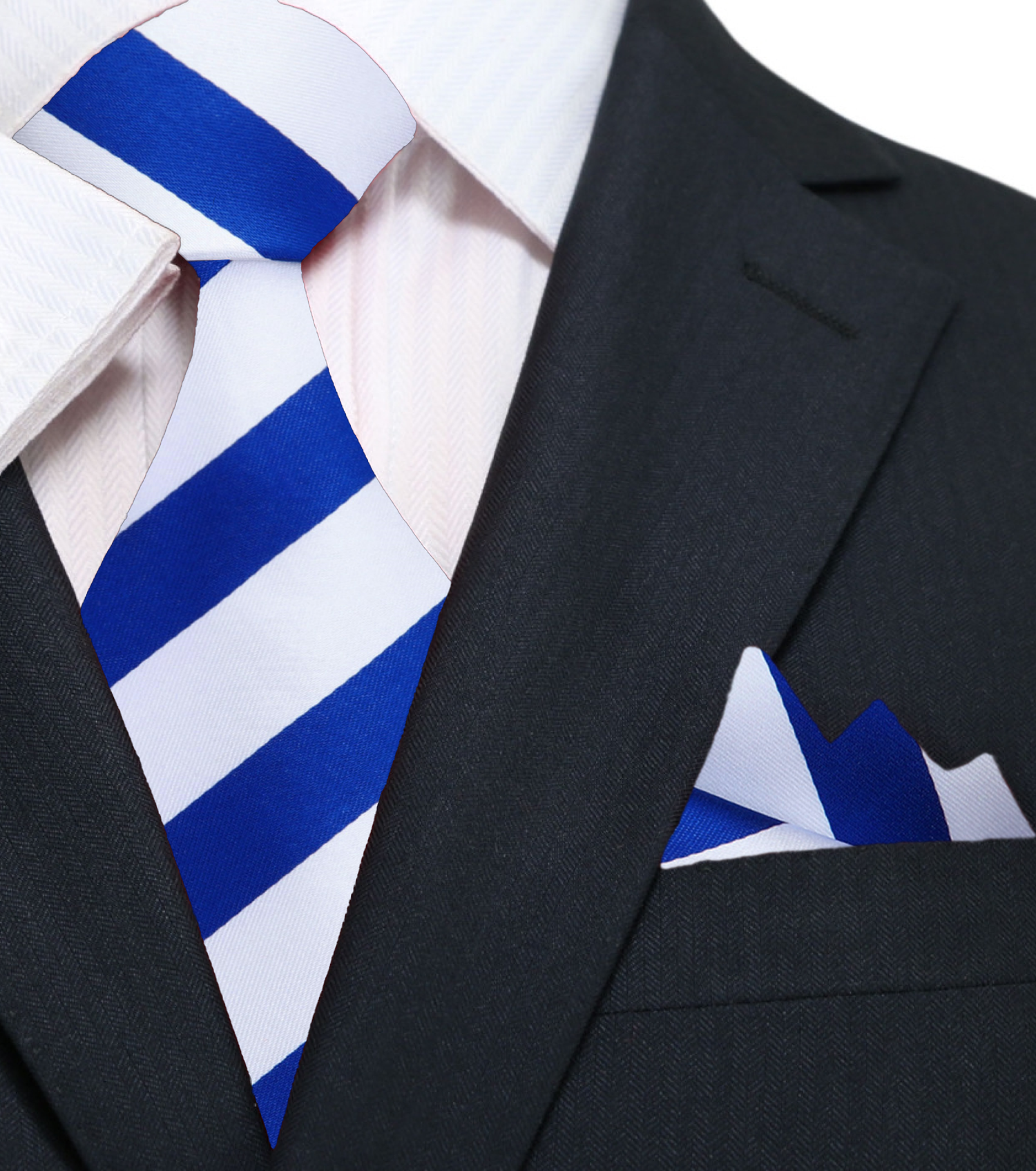 A Dark Blue, White Stripe Pattern Silk Necktie, Pocket Square ||Dark Blue, White
