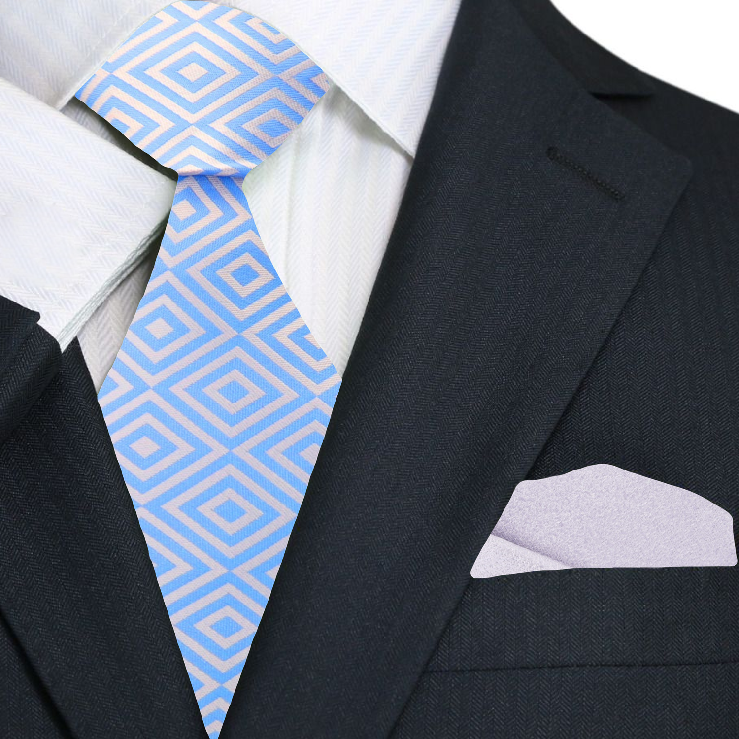 Premium White, Light Blue Geometric Tie and Shimmer Silver Pocket Square