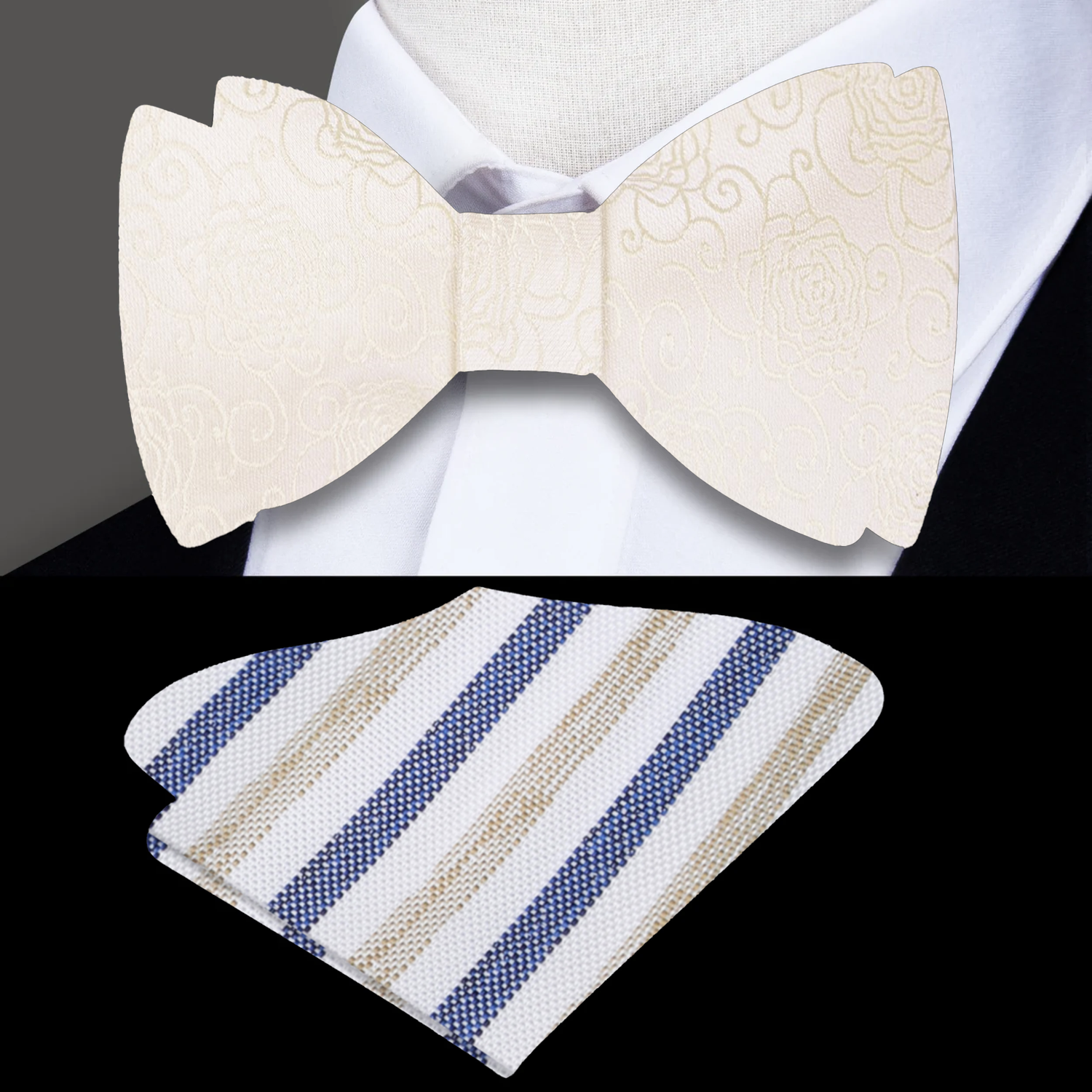 Cream Floral Bow Tie and Accenting Pocket Square