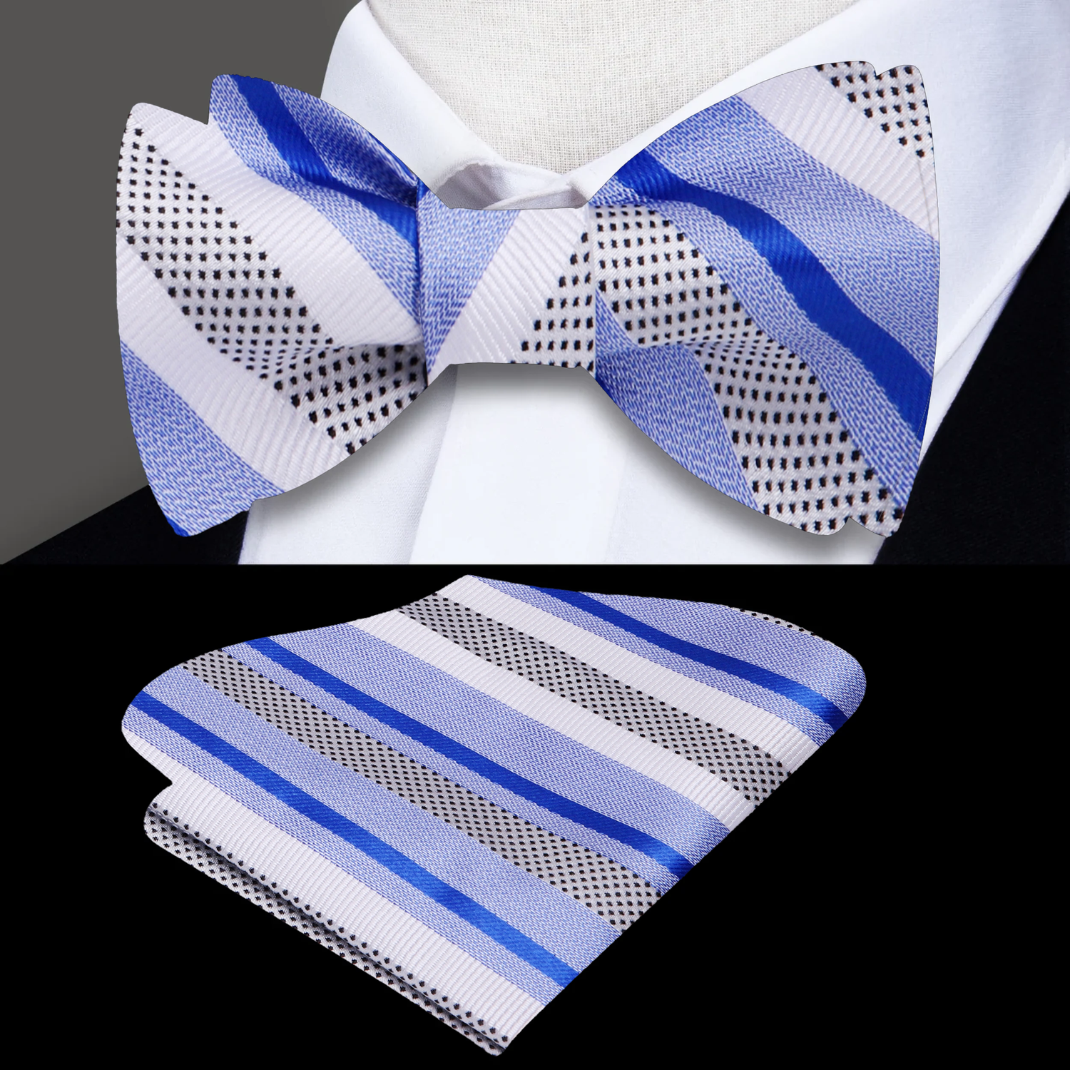 White, Light Blue, Blue Stripe Pattern Silk Self Tie Bow Tie, Matching Pocket Square