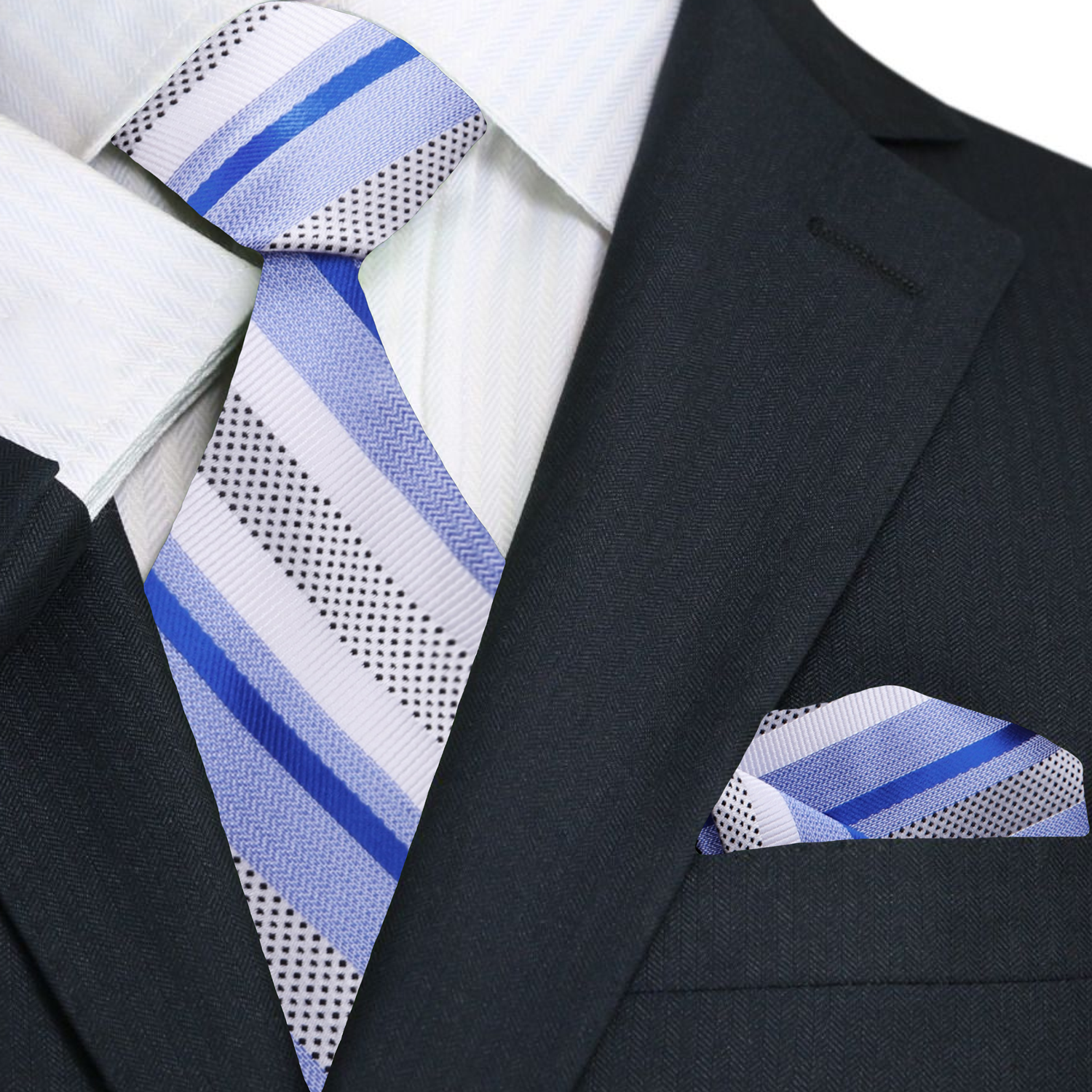 Main Blue, Light Blue, Grey, White Stripe Tie and Pocket Square