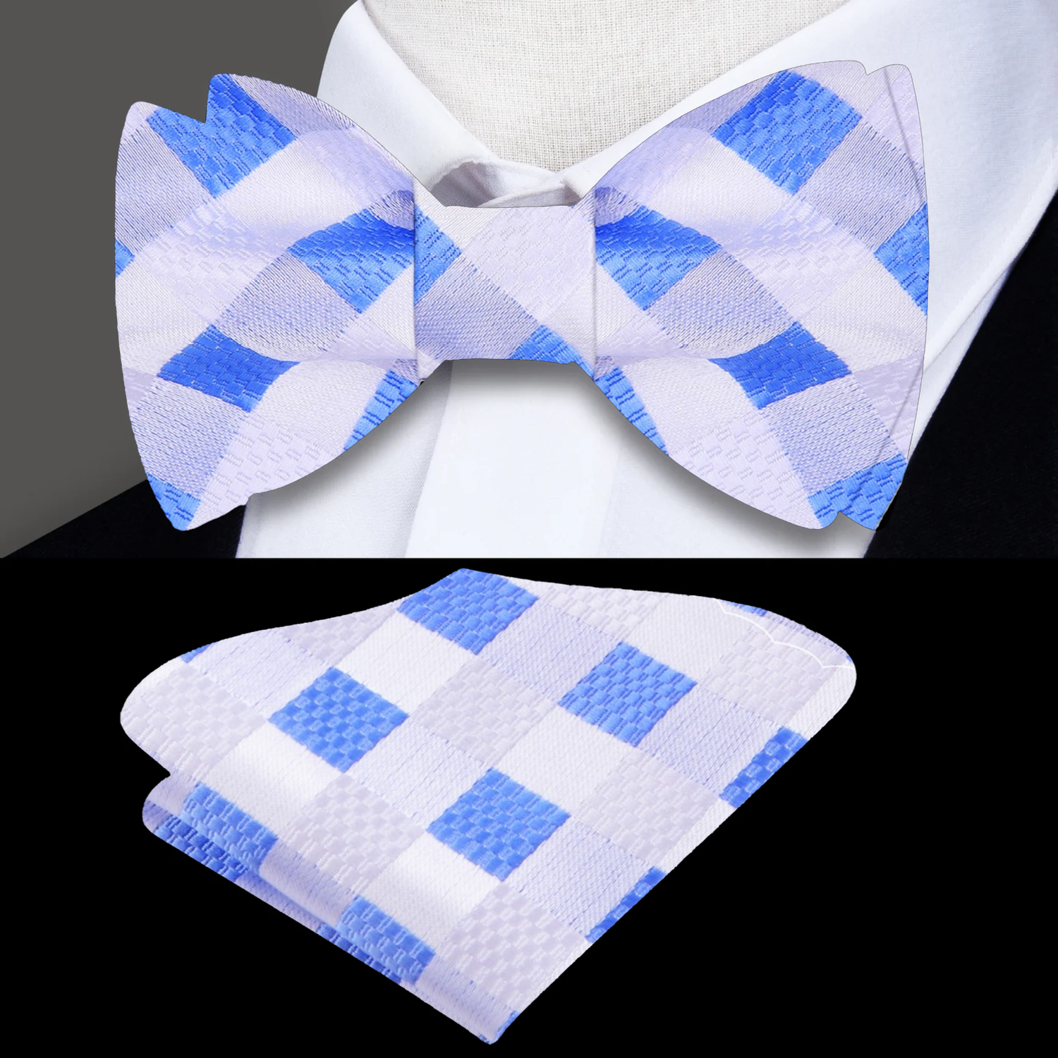 A White, Light Blue Geometric Pattern Silk Pre Tied Bow Tie, Matching Pocket Square