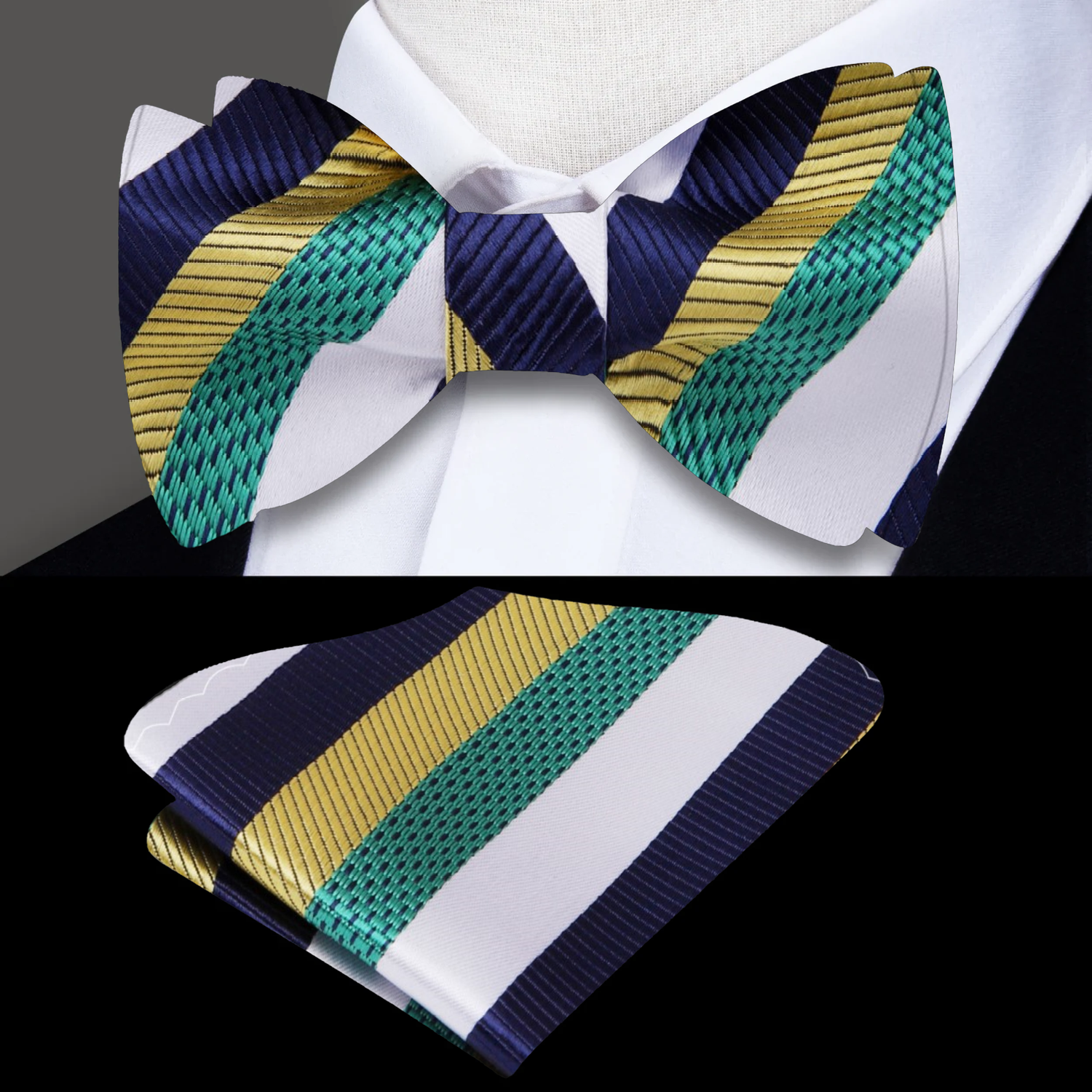 Green, Gold, Blue Stripe Bow Tie and Pocket Square