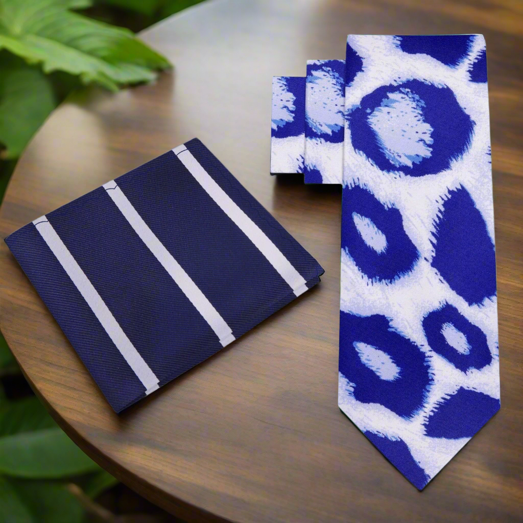 Alt: White Blue Leopard Print Tie and Accenting Pocket Square