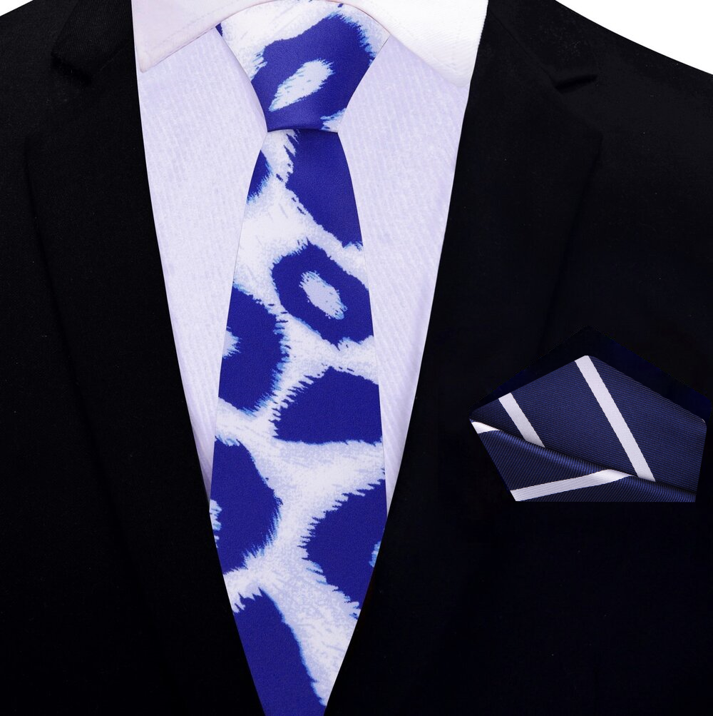 Thin: White Blue Leopard Print Tie and Accenting Pocket Square