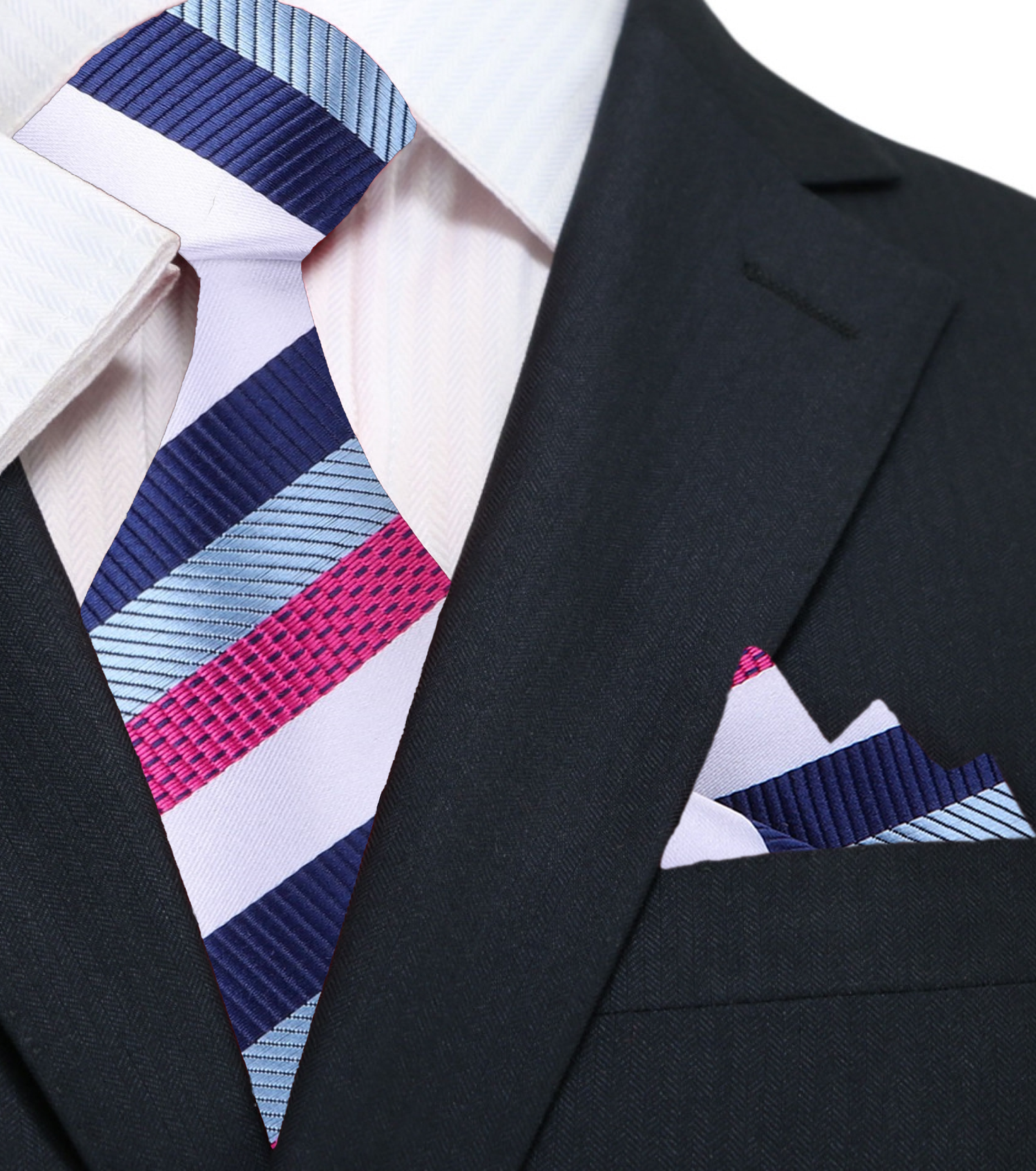 A White, Light Blue, Blue, Dark Pink Stripe Pattern Silk Necktie, Matching Pocket Square
