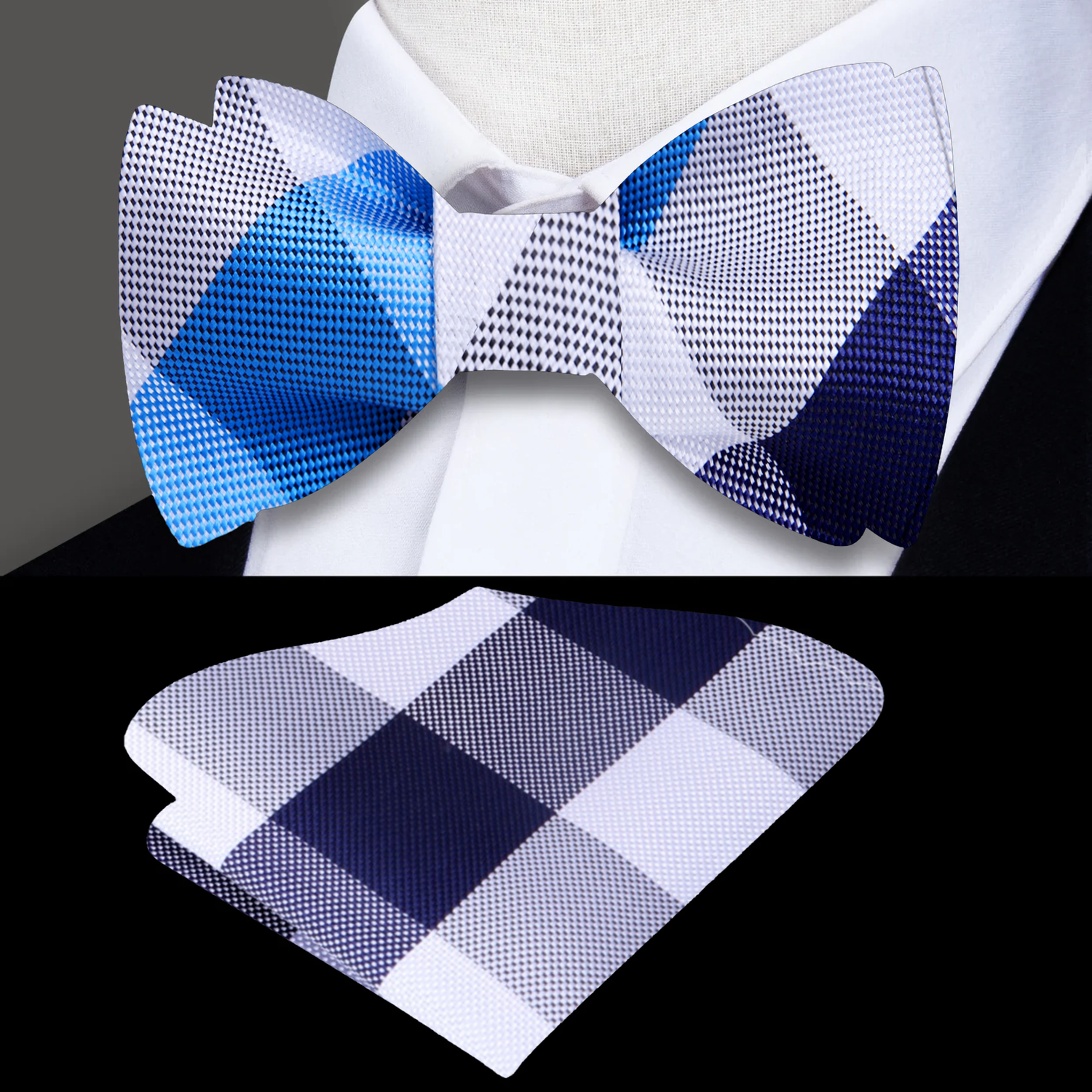 Blue, White Plaid Bow Tie and Pocket Square