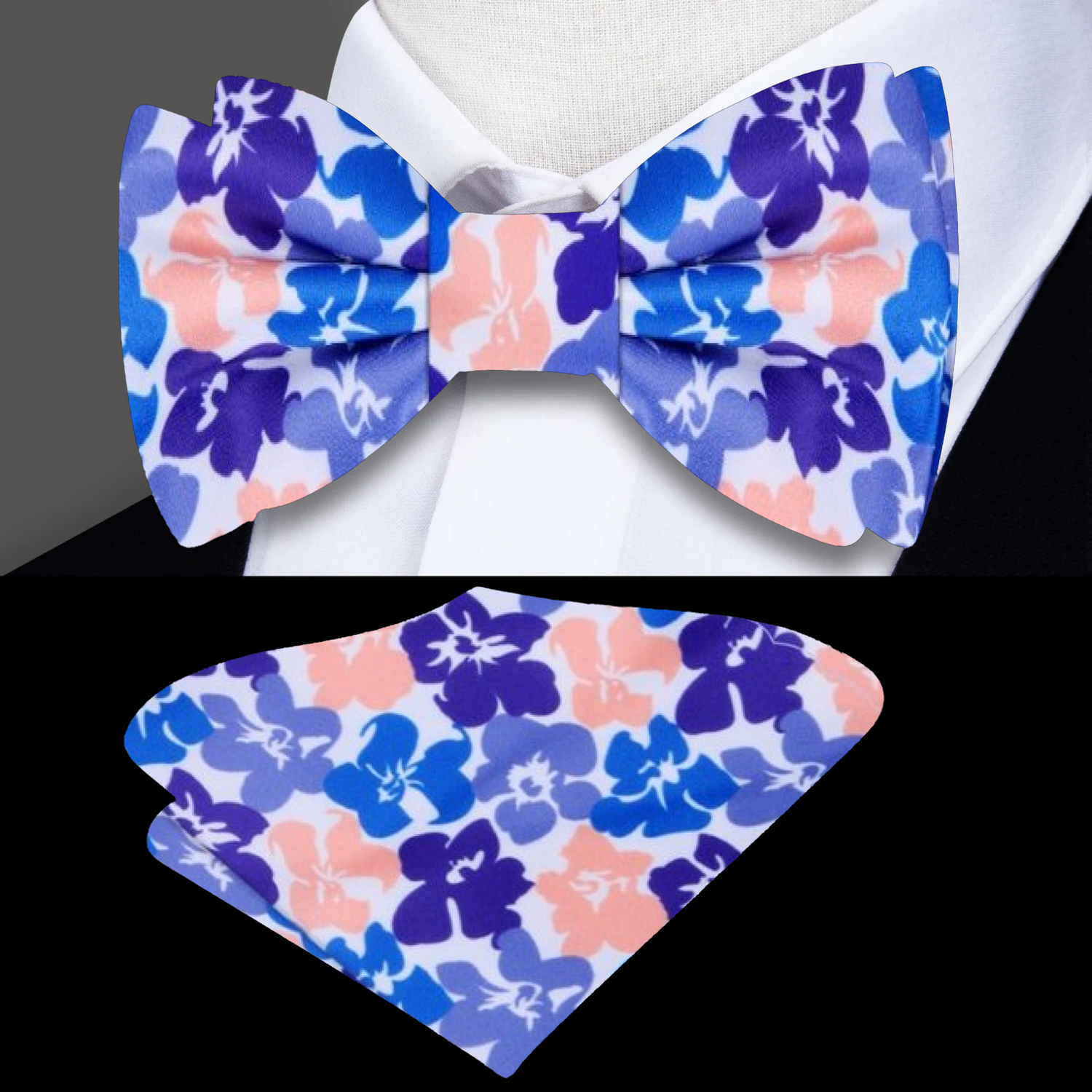 White Blue Purple Coral Hibiscus Floral Bow Tie and Square