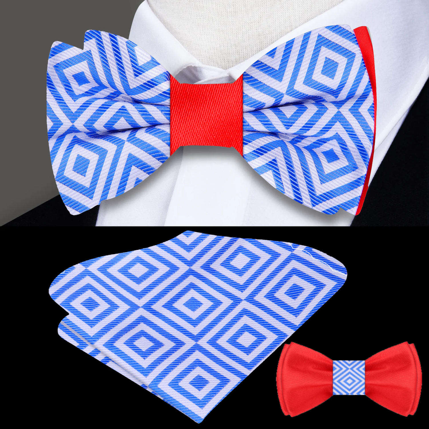 Blue, Red, White Geometric Bow Tie And Pocket Square