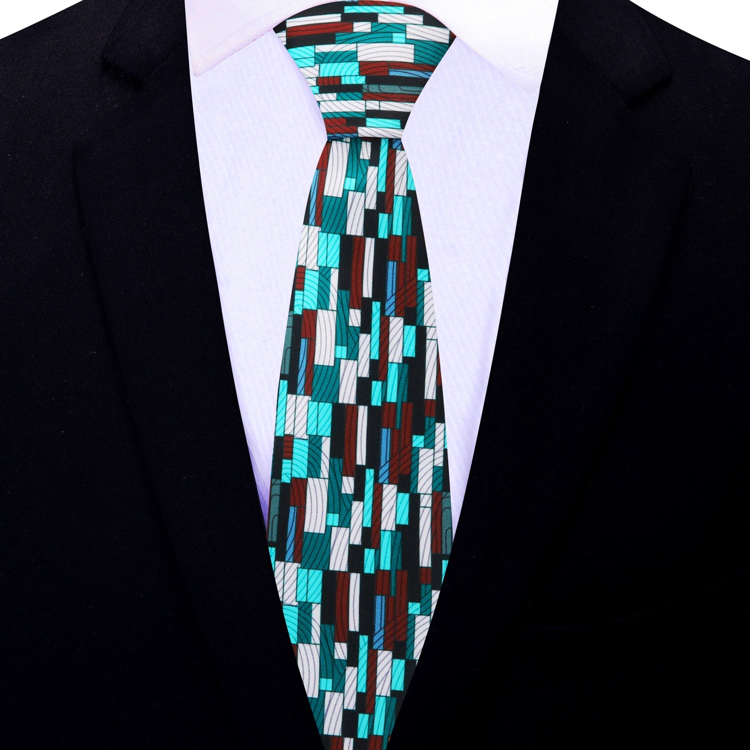 Thin Tie: Light Blue, White, Deep Red Abstract Tie