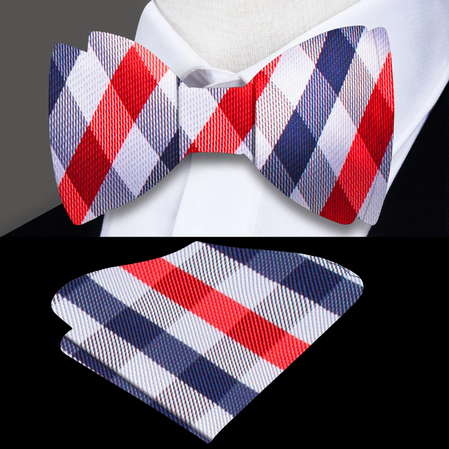 A Red, White, Blue Small Geometric Checker Pattern Silk Self Tie Bow Tie, With Matching Pocket Square