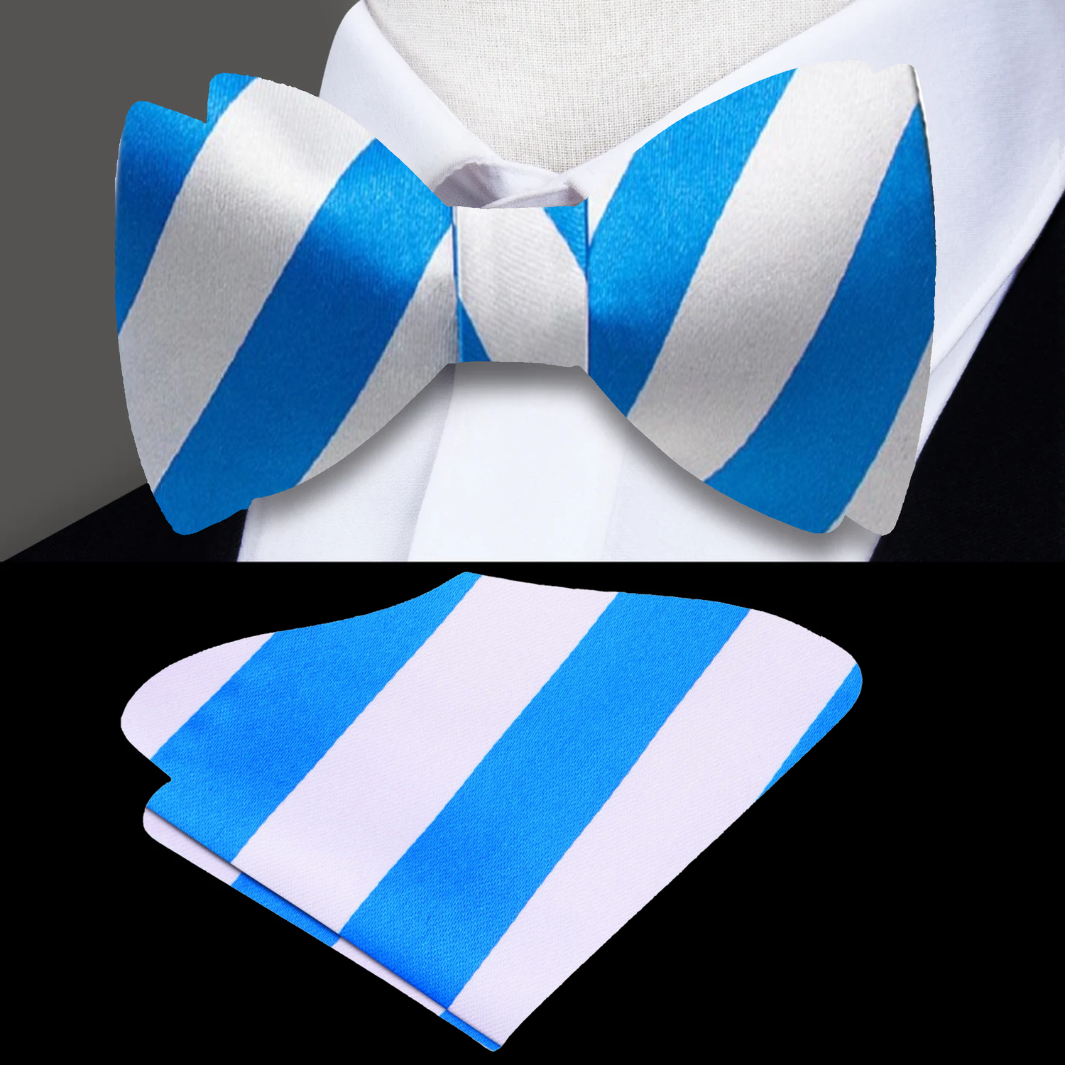 A White, Light Blue Stripe Pattern Silk Self Tie Bow Tie, Matching Pocket Square