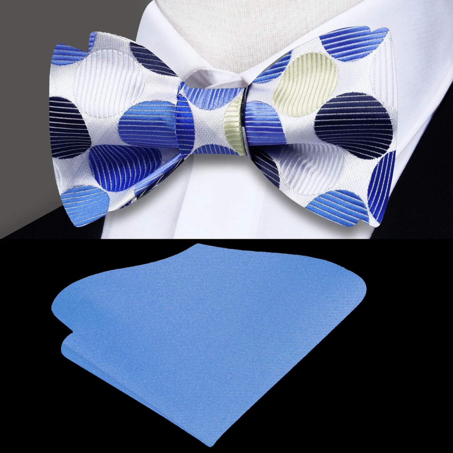 White, Blue Polka Dot Bow Tie and Blue Square