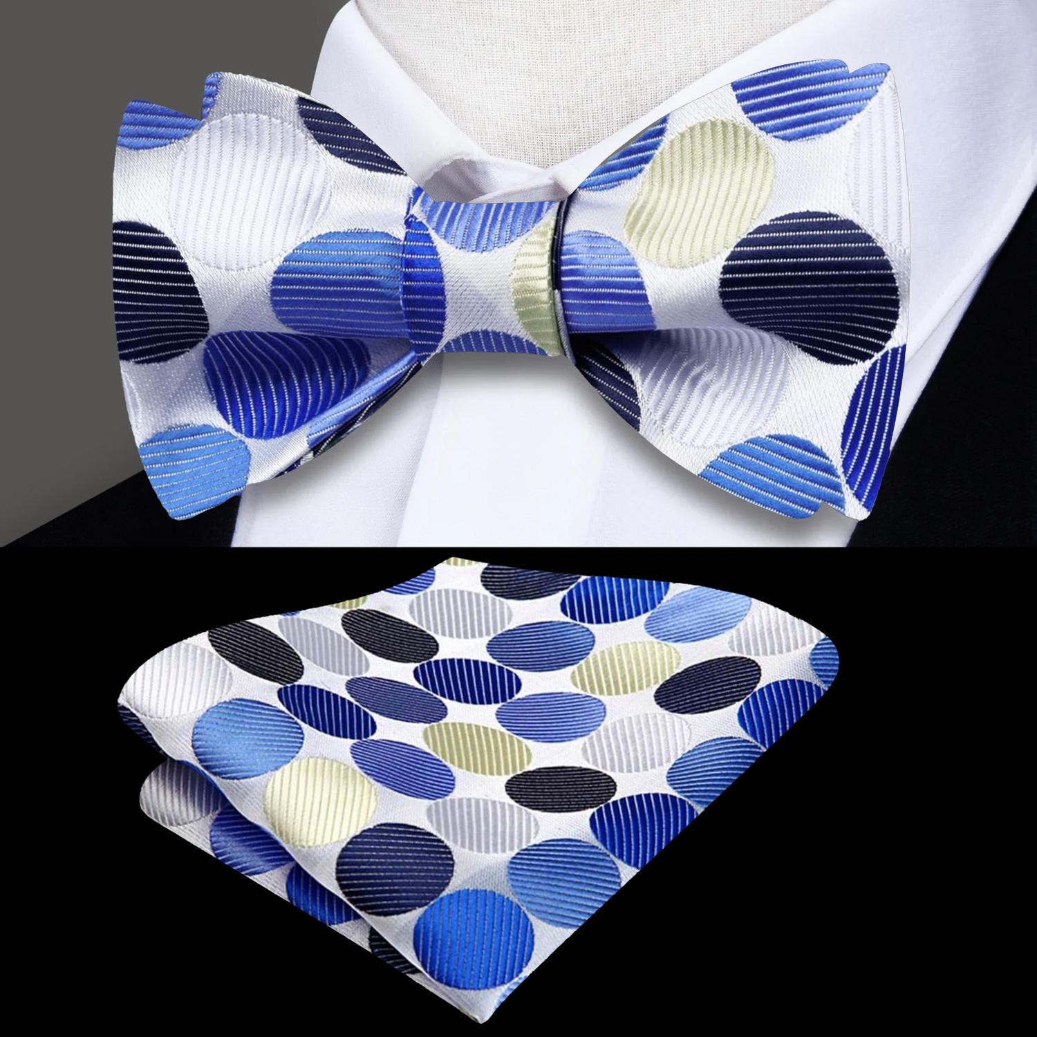 White, Blue Polka Dot Bow Tie and Matching Square