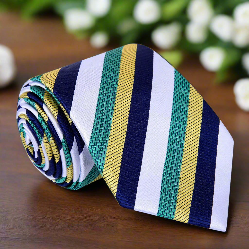 Striped tie with green, yellow, and blue pattern on a white background