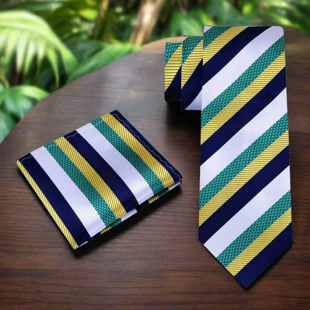 Striped tie and pocket square set with green, yellow, and blue pattern on a white background