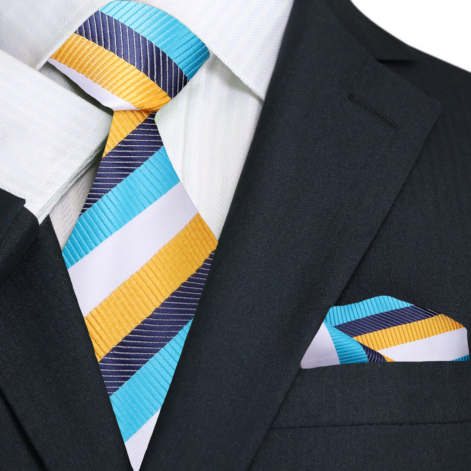 Main A White, Light Blue, Yellow, Blue Stripe Pattern Necktie and Matching Square