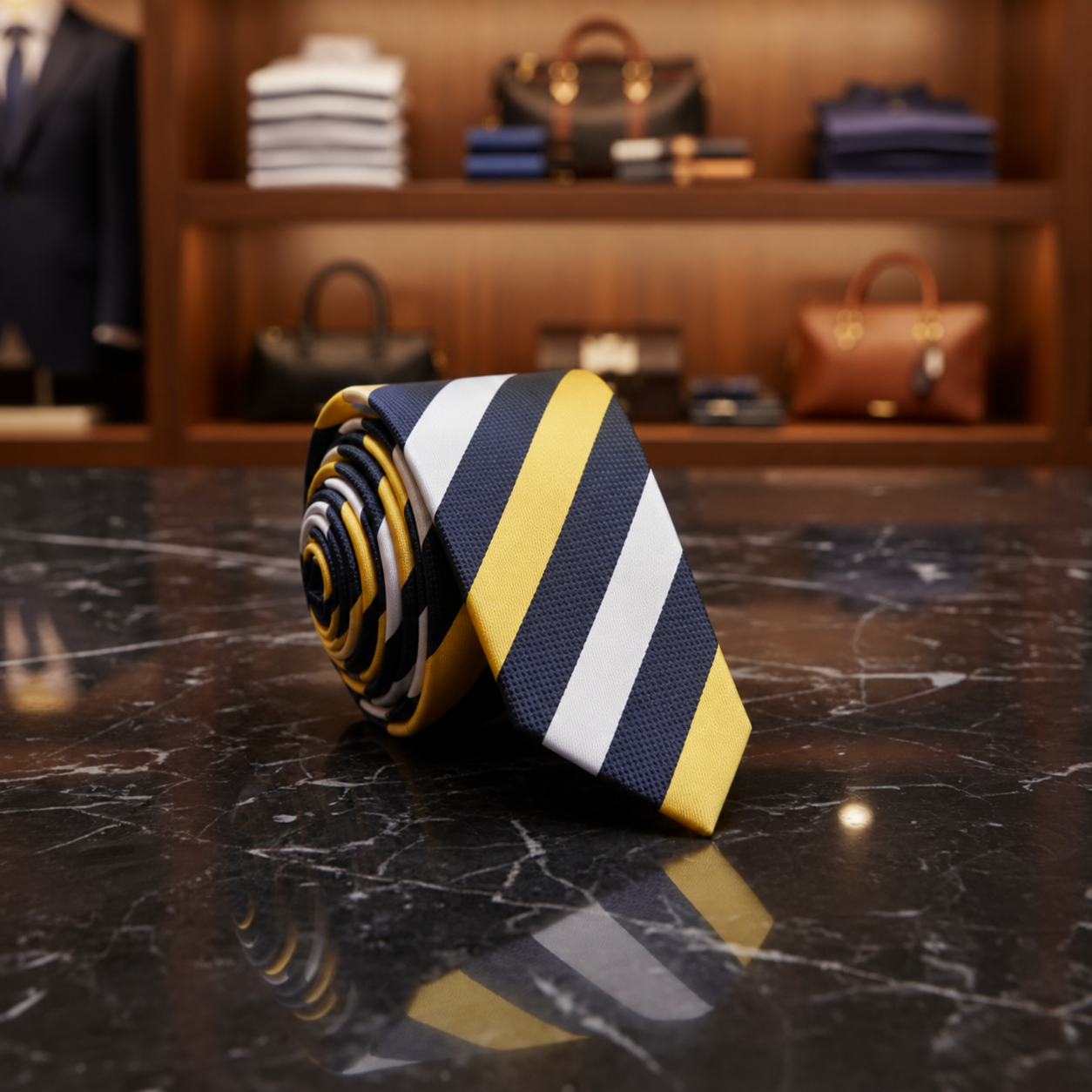 Navy Blue, Yellow & White Striped Skinny Necktie