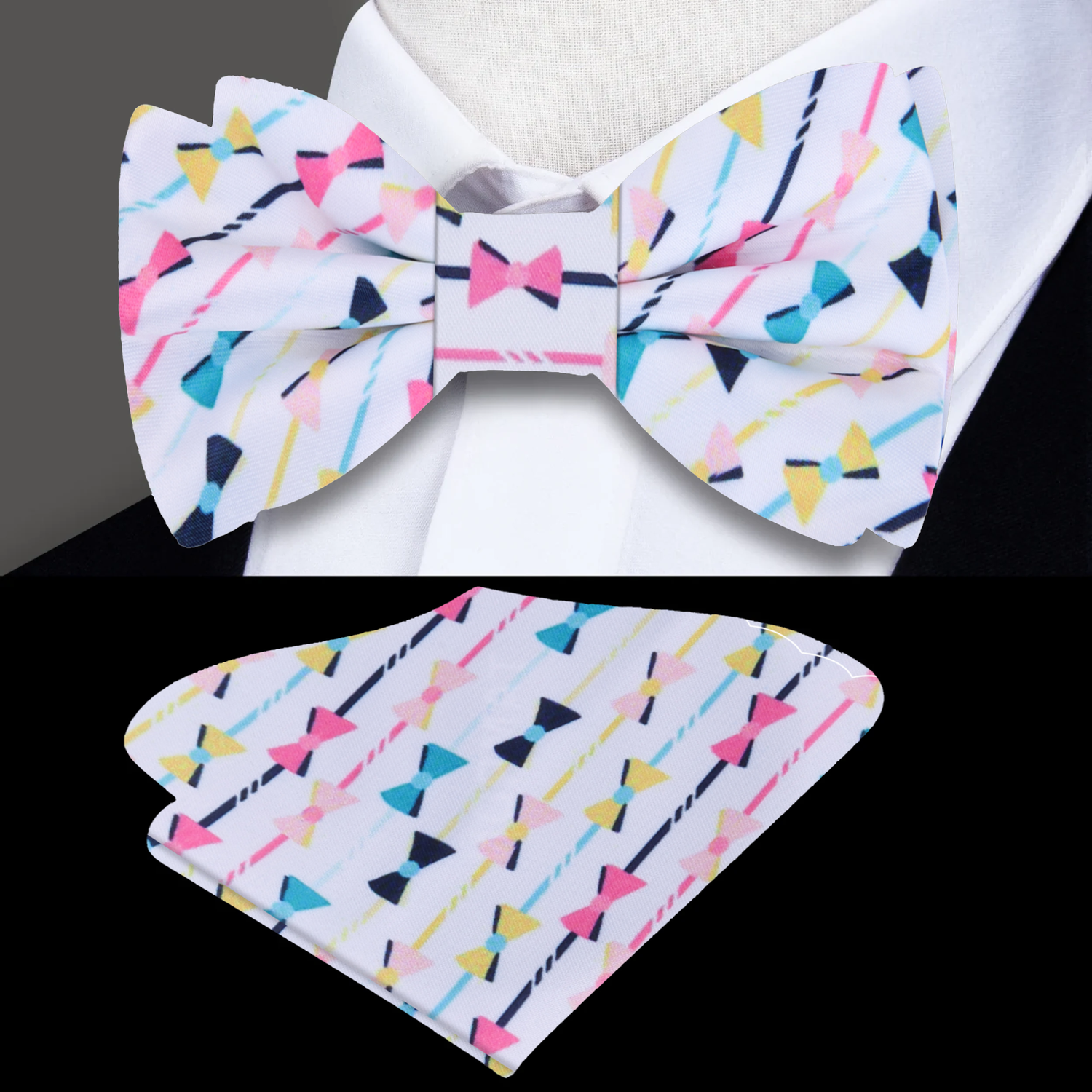 White with Multi Color Bow Ties Bow Tie and Square