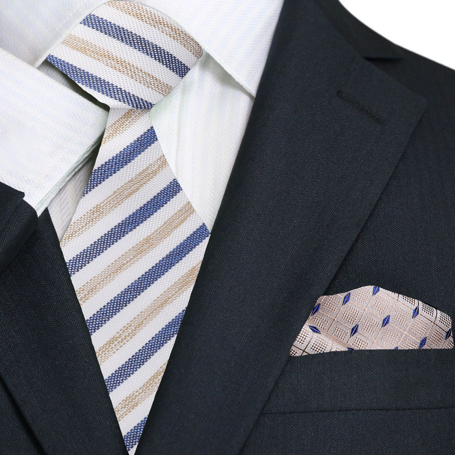 Premium White, Dark Blue, Light Brown Stripe Necktie with Cream and Blue Geometric Square