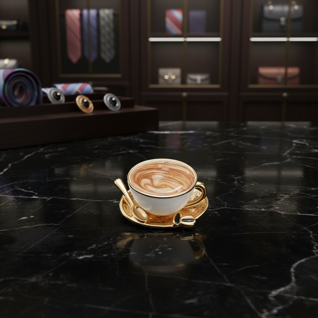 A white ceramic espresso cup with a gold rim and matching saucer, set on a glossy black marble surface. The cup contains a latte with latte art, and a small gold spoon rests on the saucer.