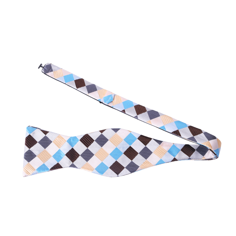 White Cream Grey Light Blue Brown Check Bow Tie  Self Tie