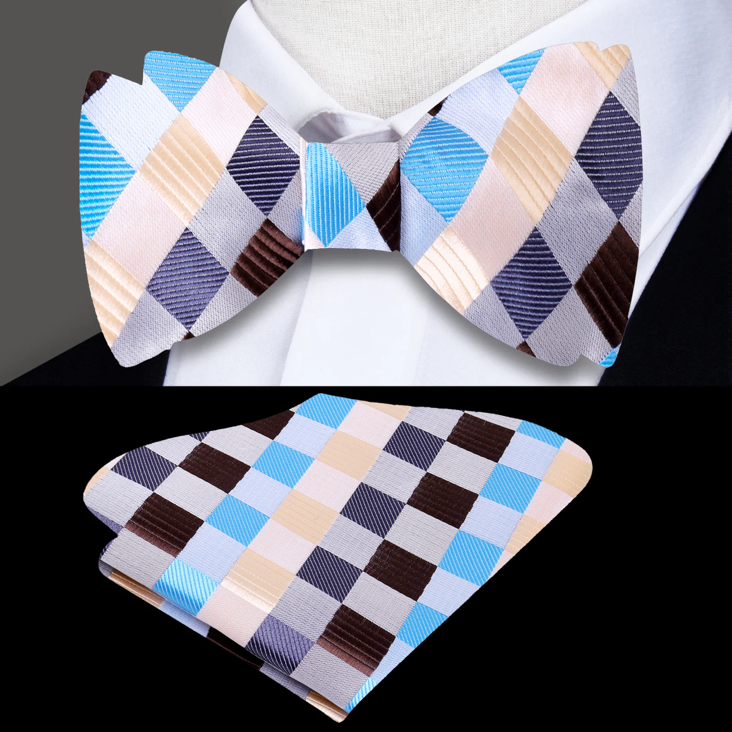 White Cream Grey Light Blue Brown Check Bow Tie 