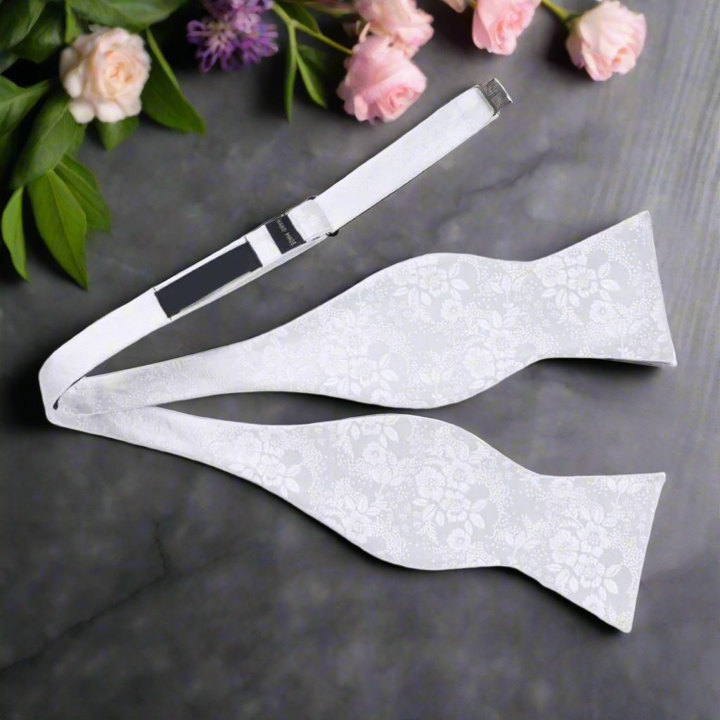 White Floral Self Tie Bow Tie