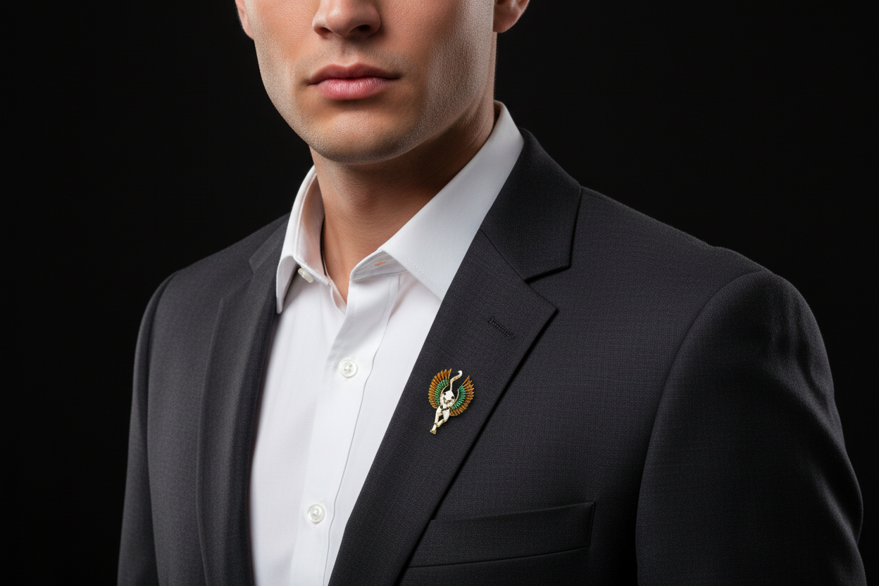 Man wearing a dark suit with a white shirt and a brooch on a black background