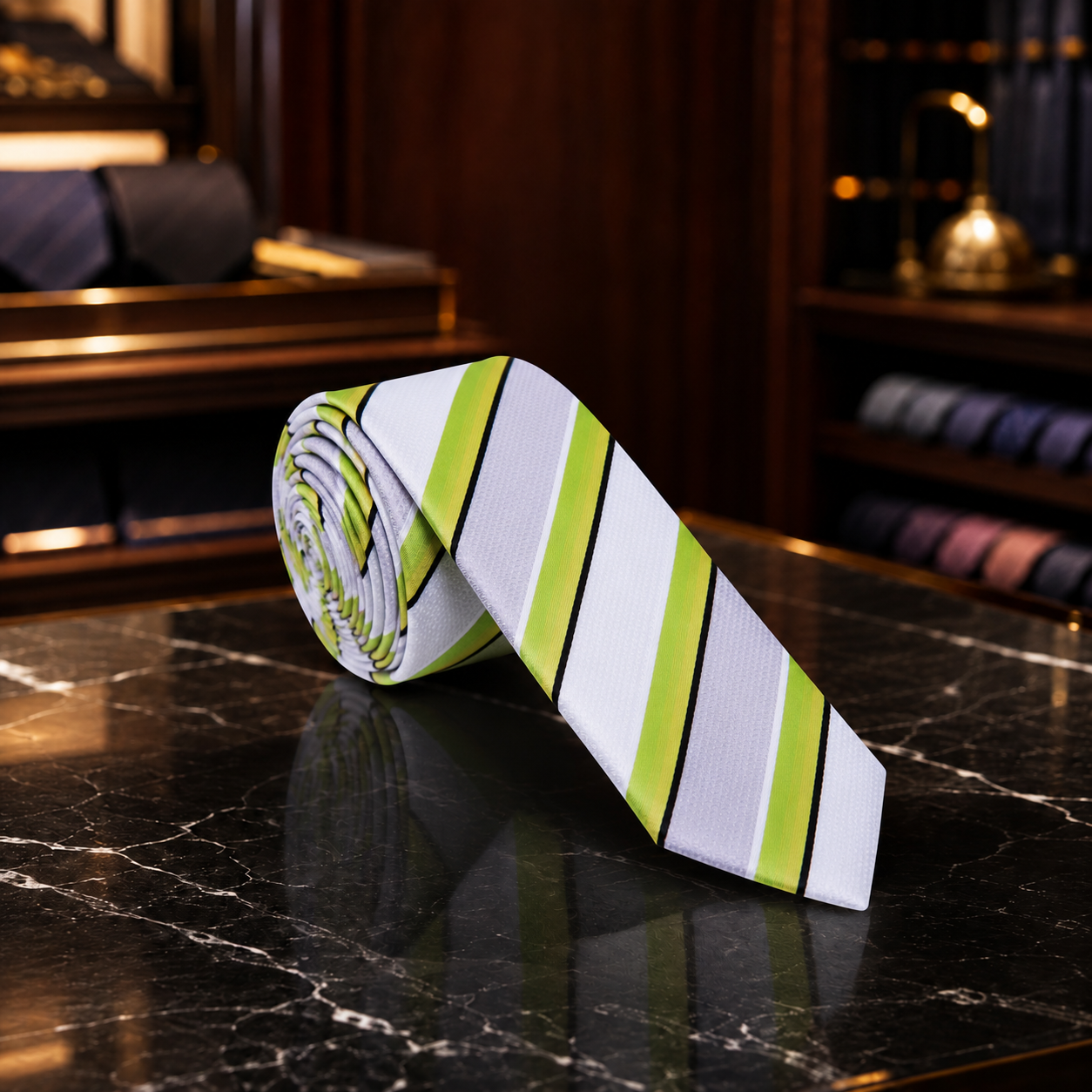 A striped necktie with white, lime green, and black diagonal stripes, displayed on a polished black marble table with a blurred office background.