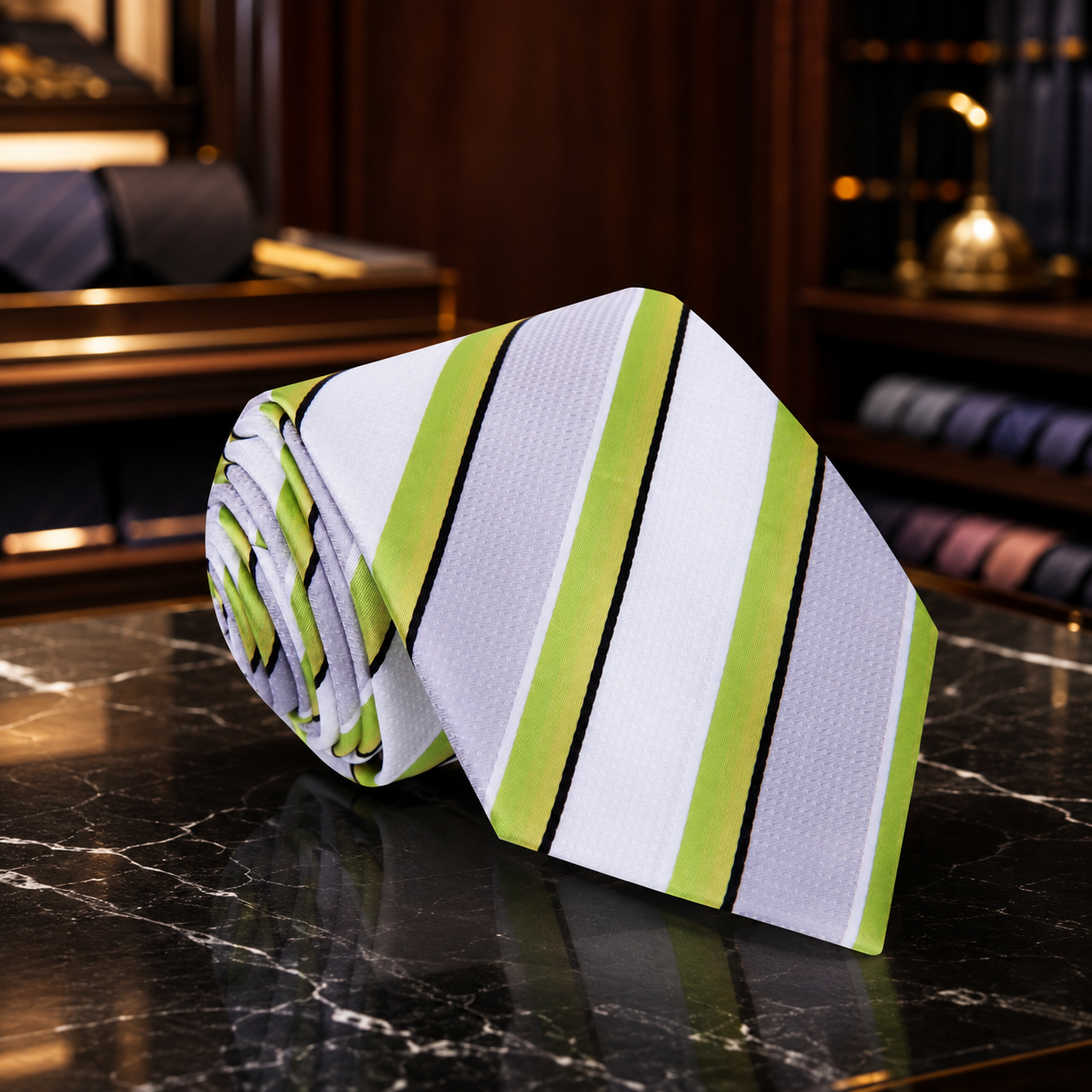 A rolled necktie with vertical stripes in white, lime green, and gray with thin black lines, resting on a polished black marble surface in a dark, upscale room.