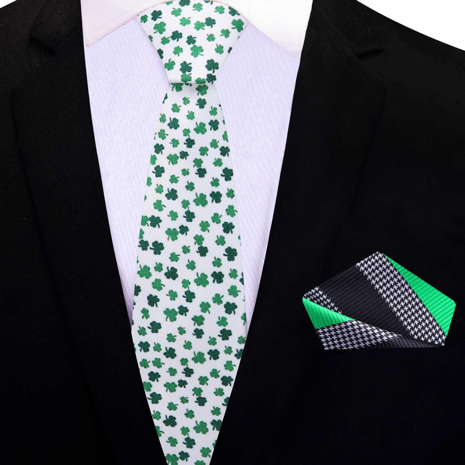 Thin White with Green Clovers Tie and Accenting Stripe Square