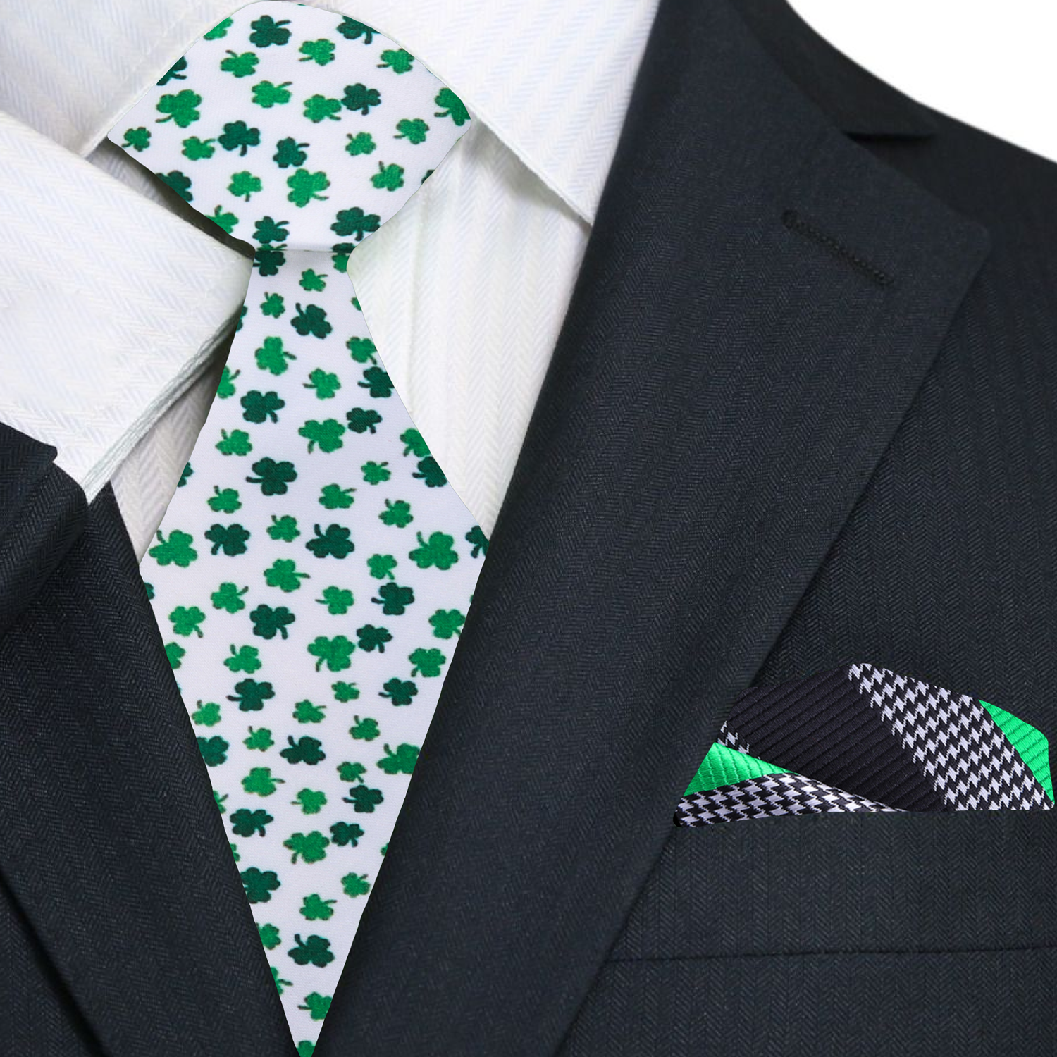 White with Green Clovers Tie and Accenting Stripe Square