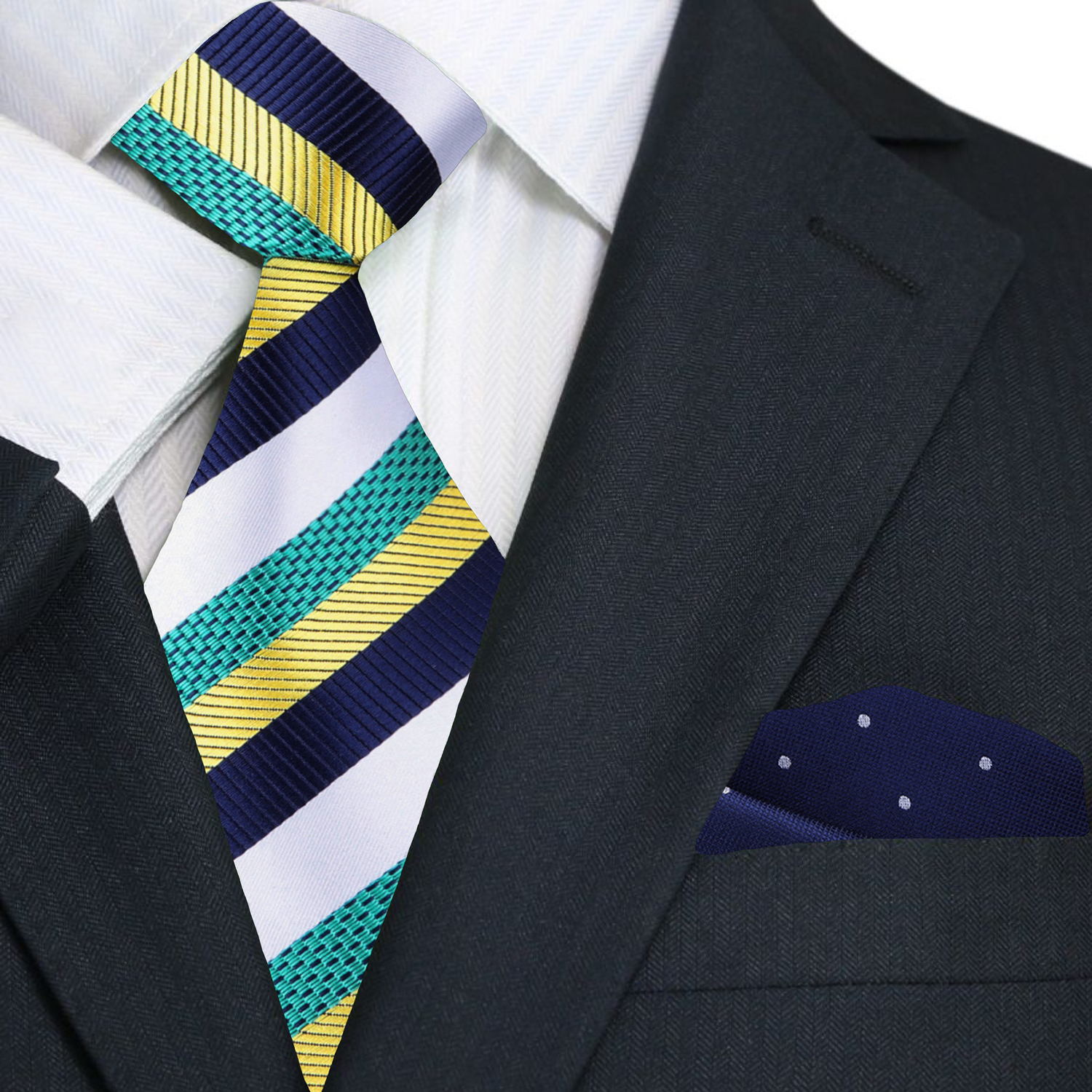 Navy suit with a colorful striped tie and blue white dot pocket square.